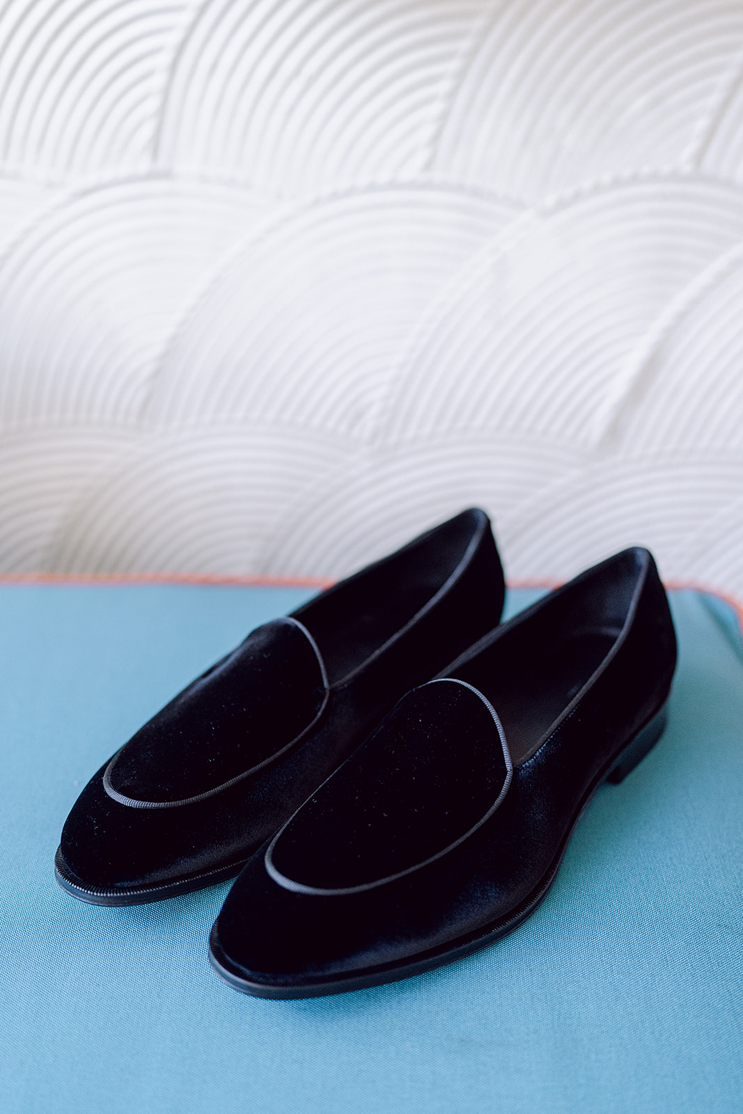 Groom's blue loafers at Mayfair House Hotel & Garden in Miami on wedding day.