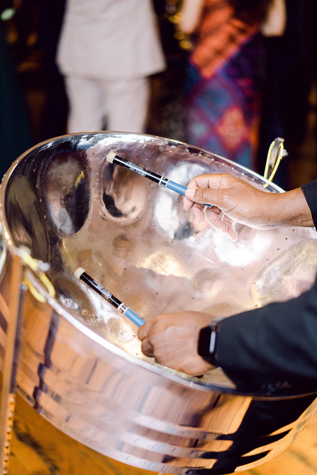 Detail of steel drums Pan Paradise played at cocktail hour at Mayfair House Hotel & Garden in Miami on wedding day.