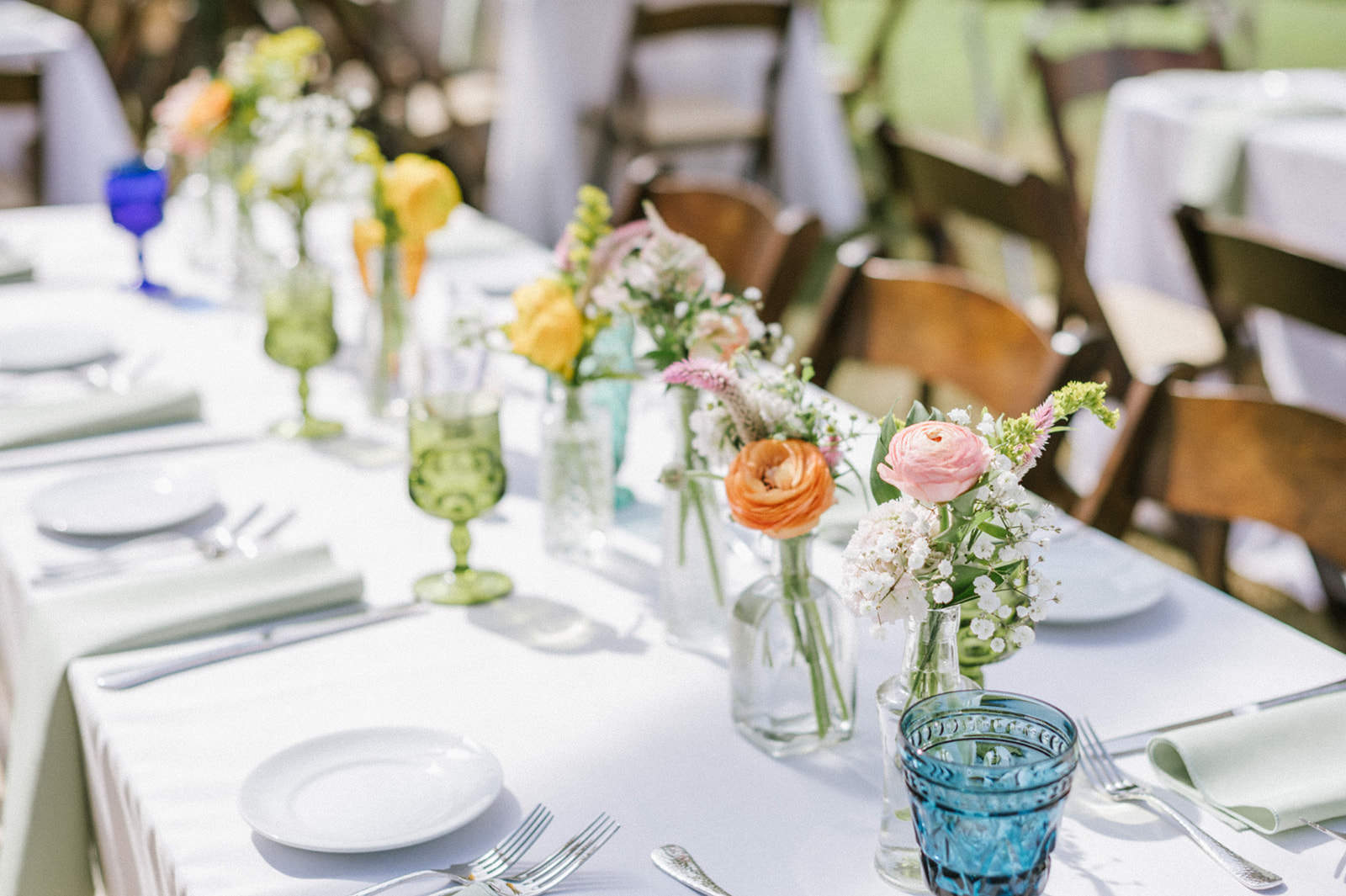 Colorful tablescape with vintage glassware