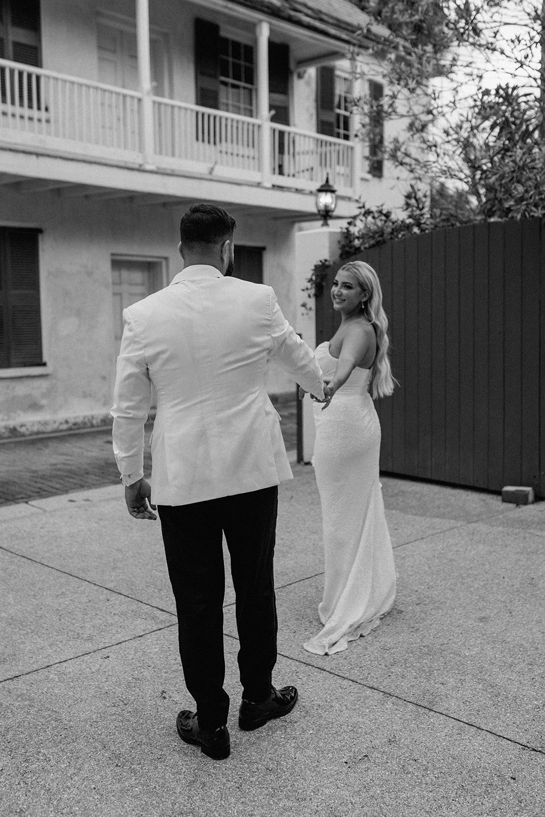 b&w bridal portraits Downtown St Augustine Old Hollywood Wedding vintage aesthetic vibes