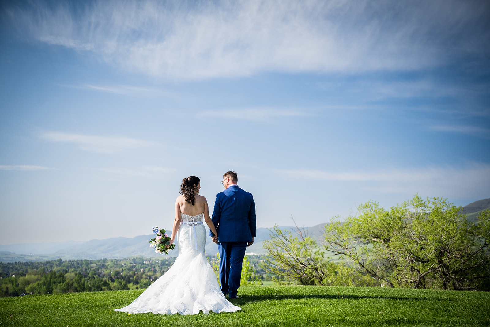Bride and groom walk away from the camera hand-in-hand through a grassy field with blue skies.