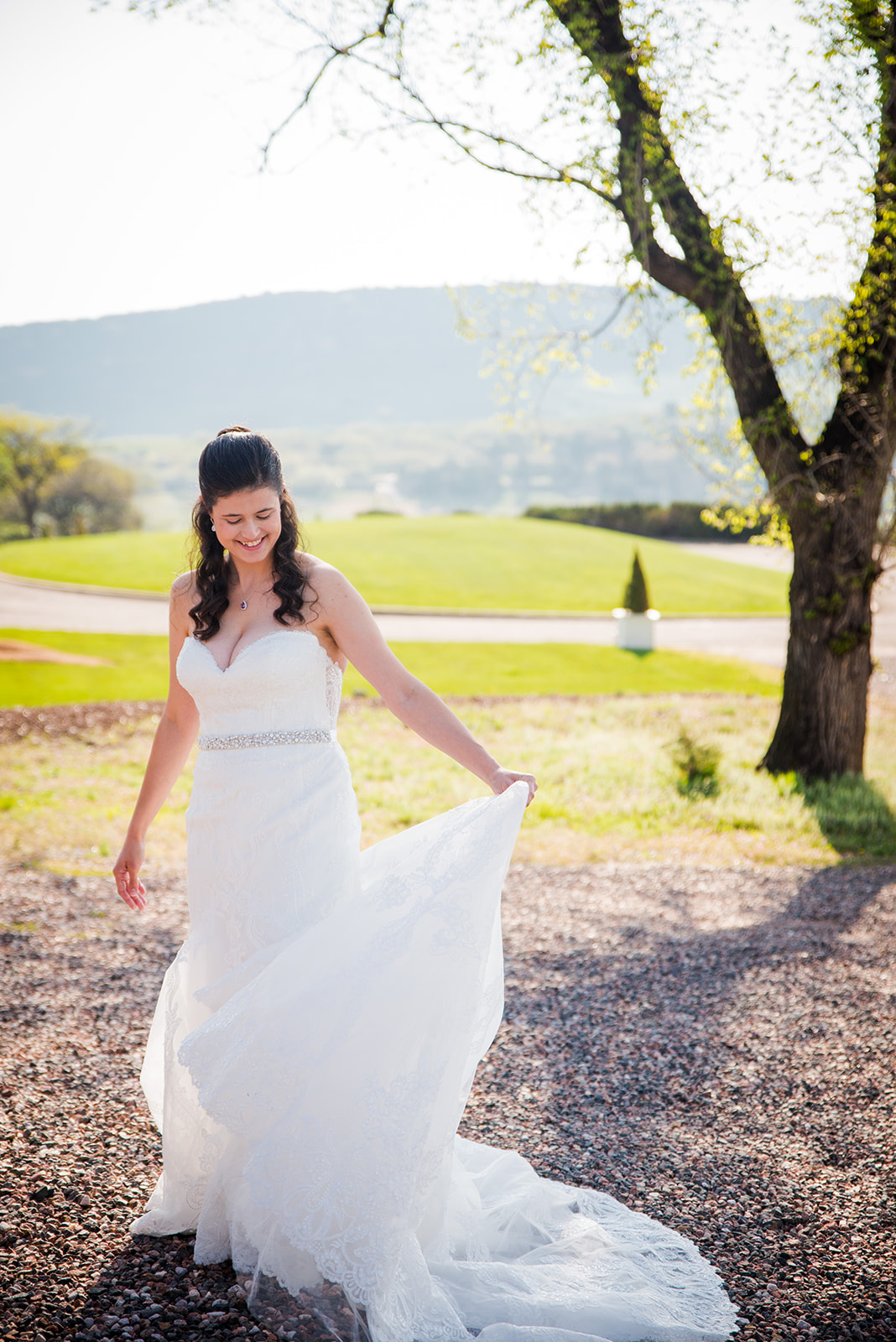 Bride twirls her wedding dress train and softly smiles.