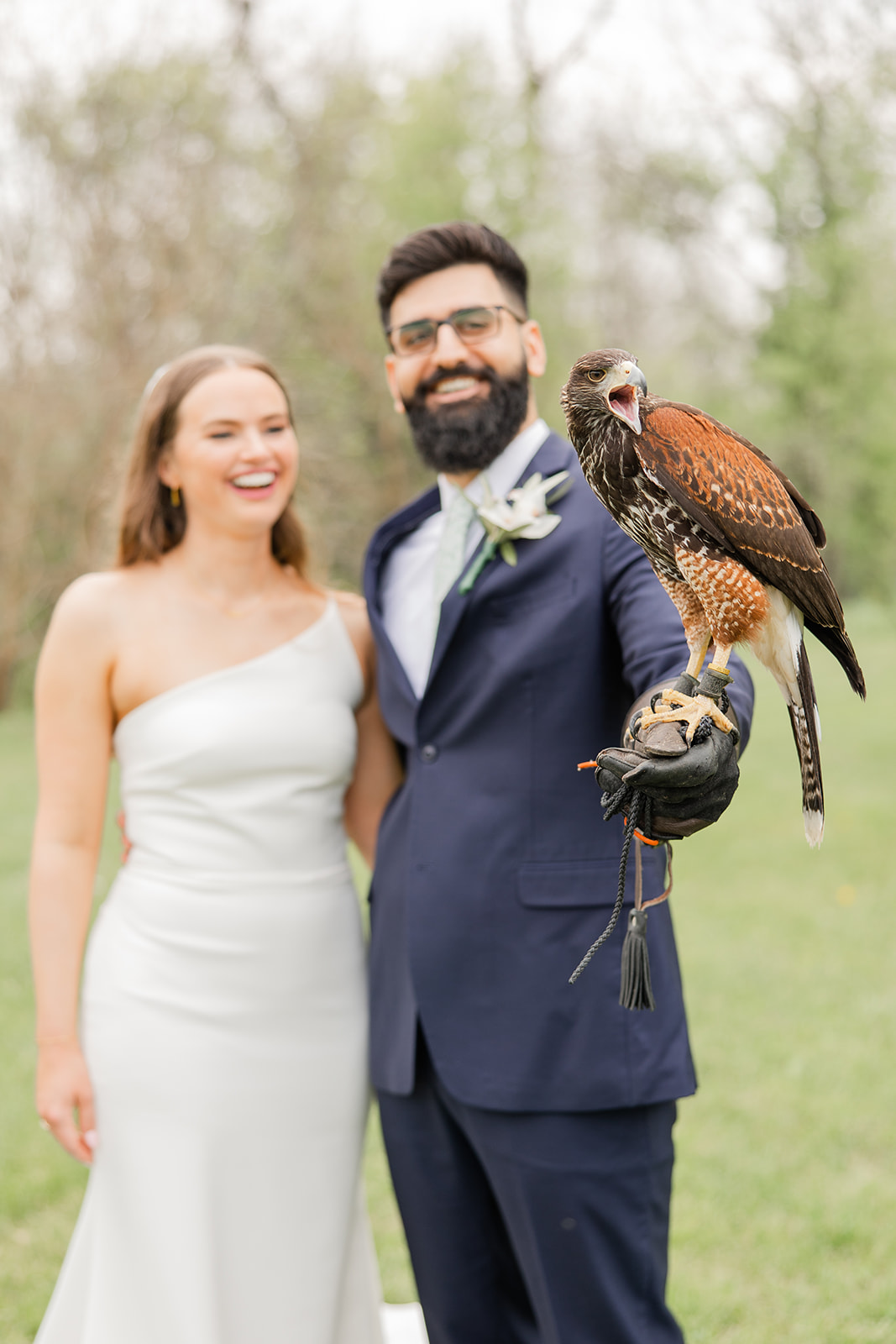 Iowa City Wilson's Ciderhouse Wedding bride and groom portrait bird of prey