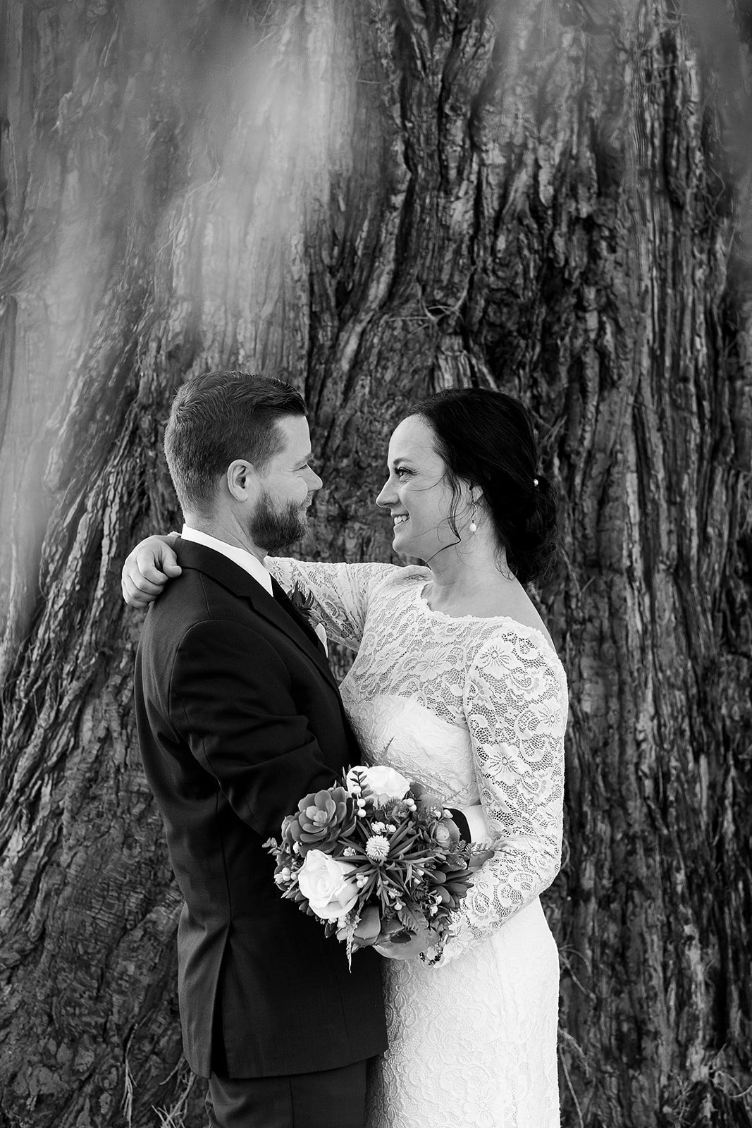 black and white portrait of couple at port gamble wedding