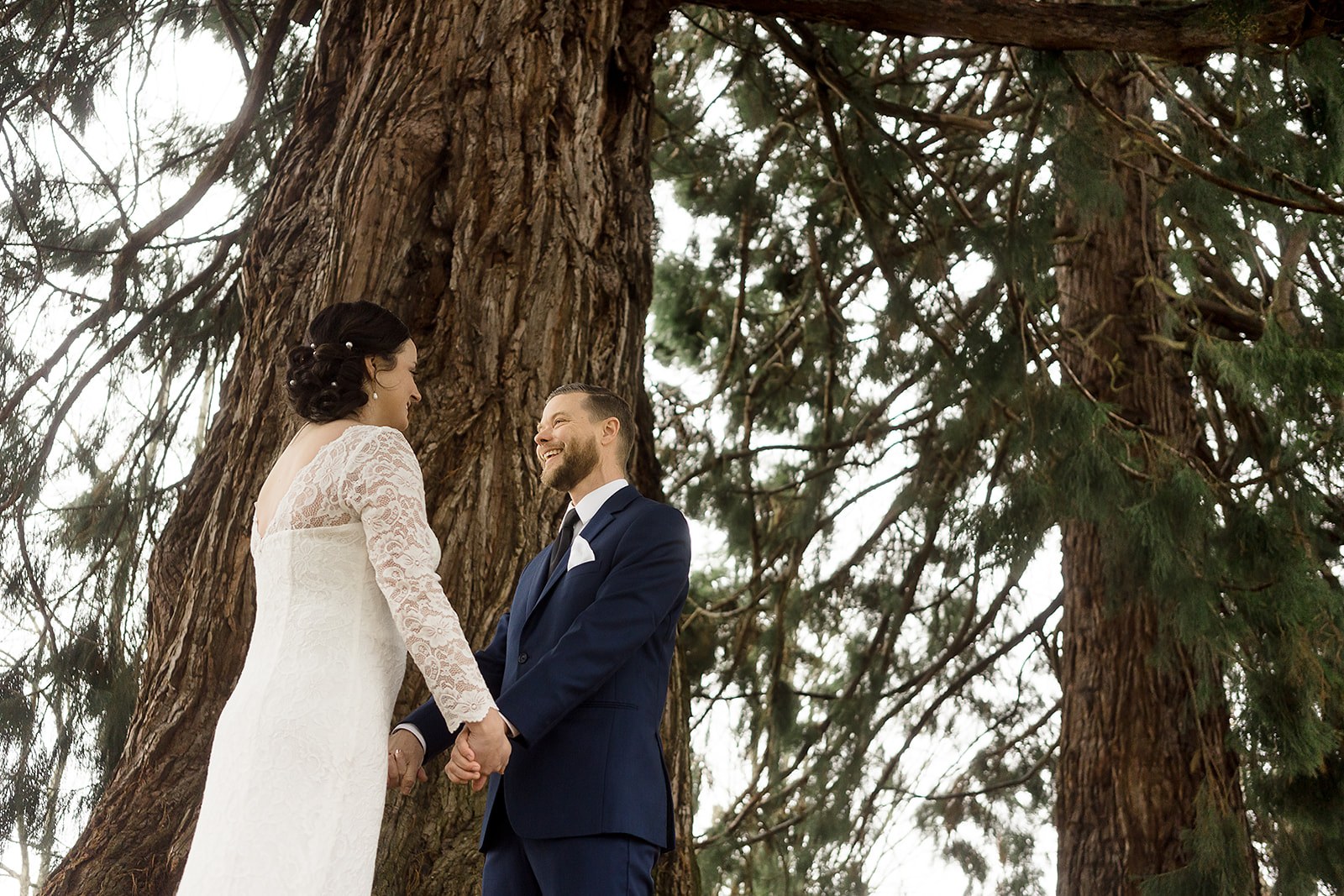bride and groom first look at port gamble wedding