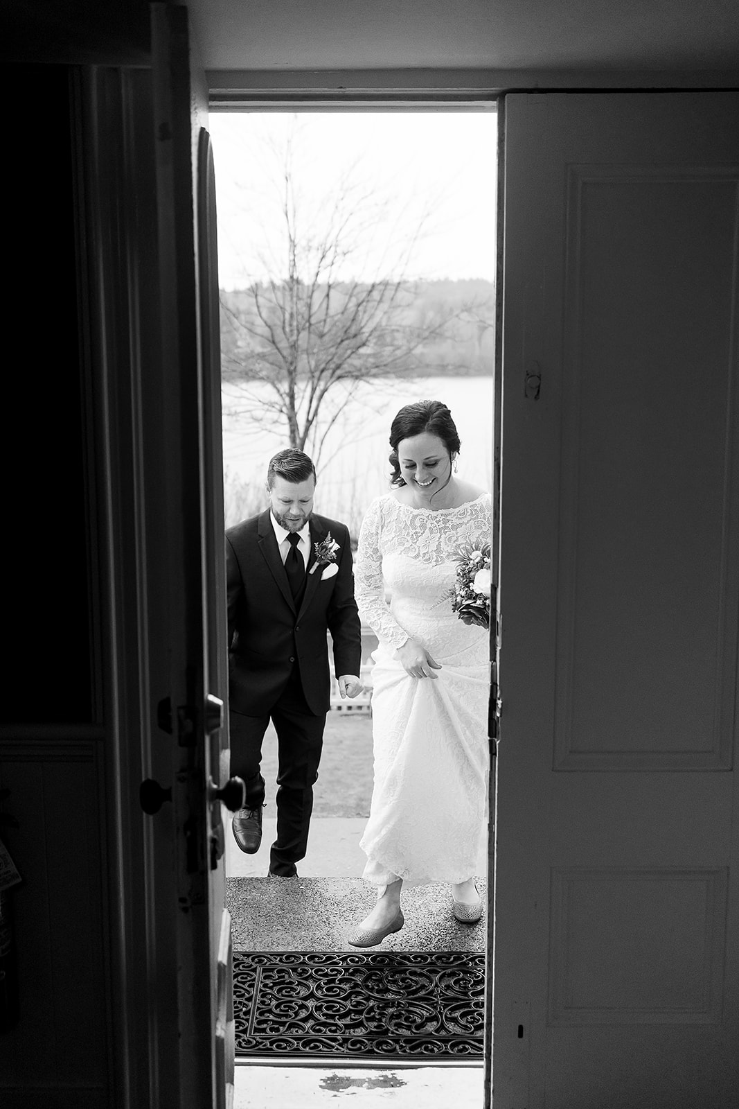 bride and groom walking into church at port gamble wedding