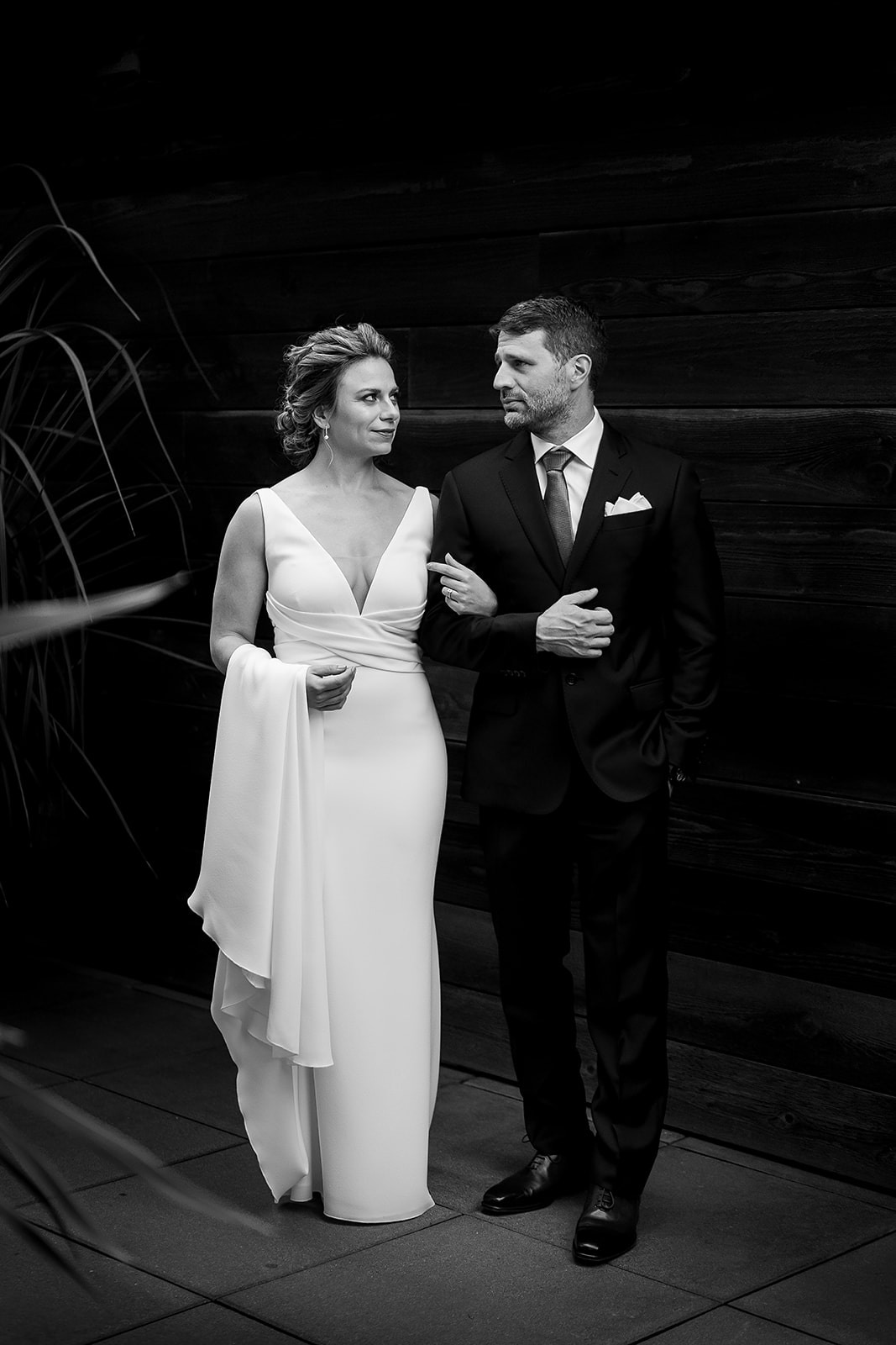 bride and groom black and white portrait at Olympic Rooftop Pavilion