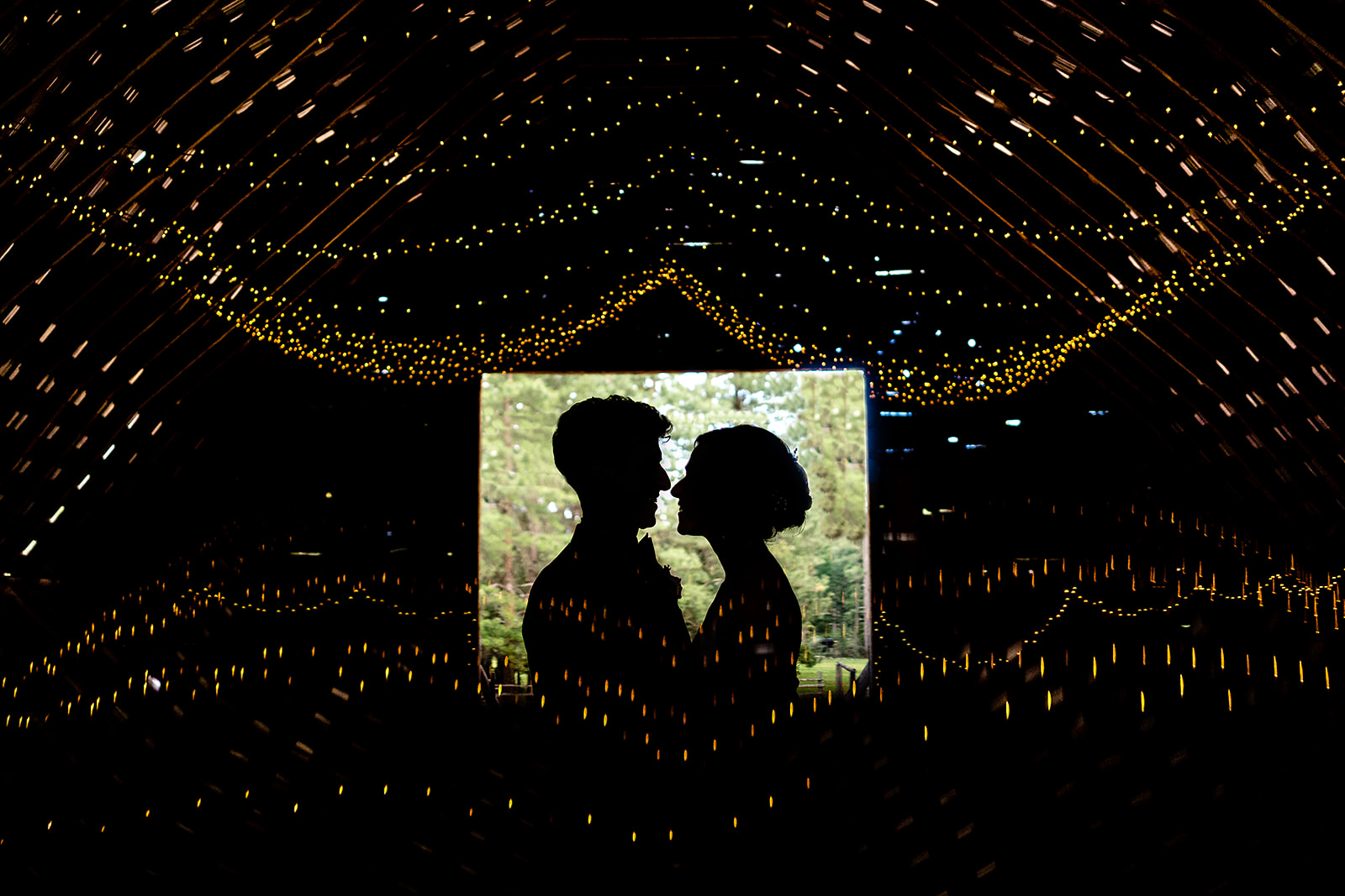 Mazama Ranch House Wedding barn portraits with string lights