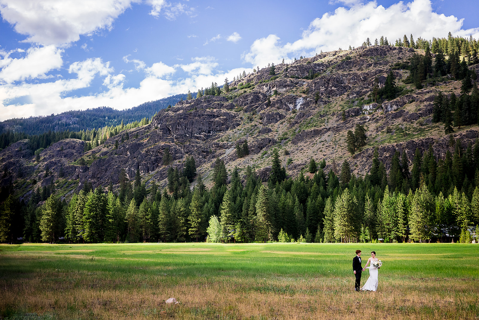 wedding portrait in the middle of the methow valley during Mazama Ranch House Wedding.