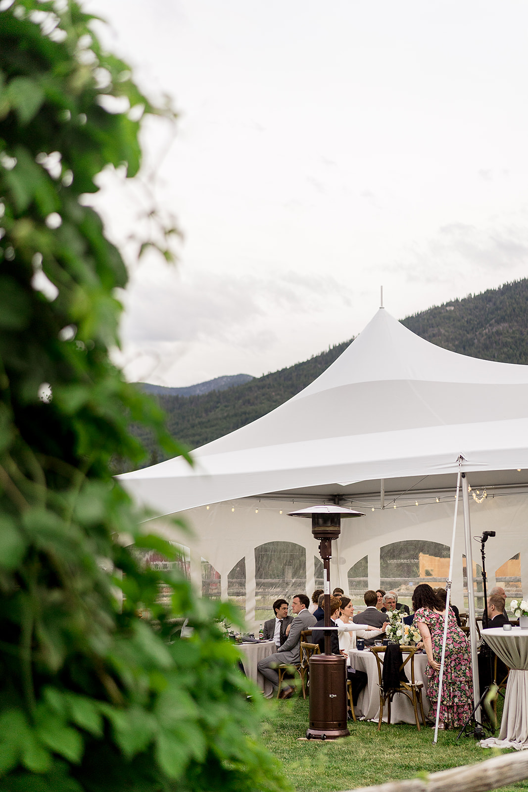 Mazama Ranch House Wedding reception tent by barn and field