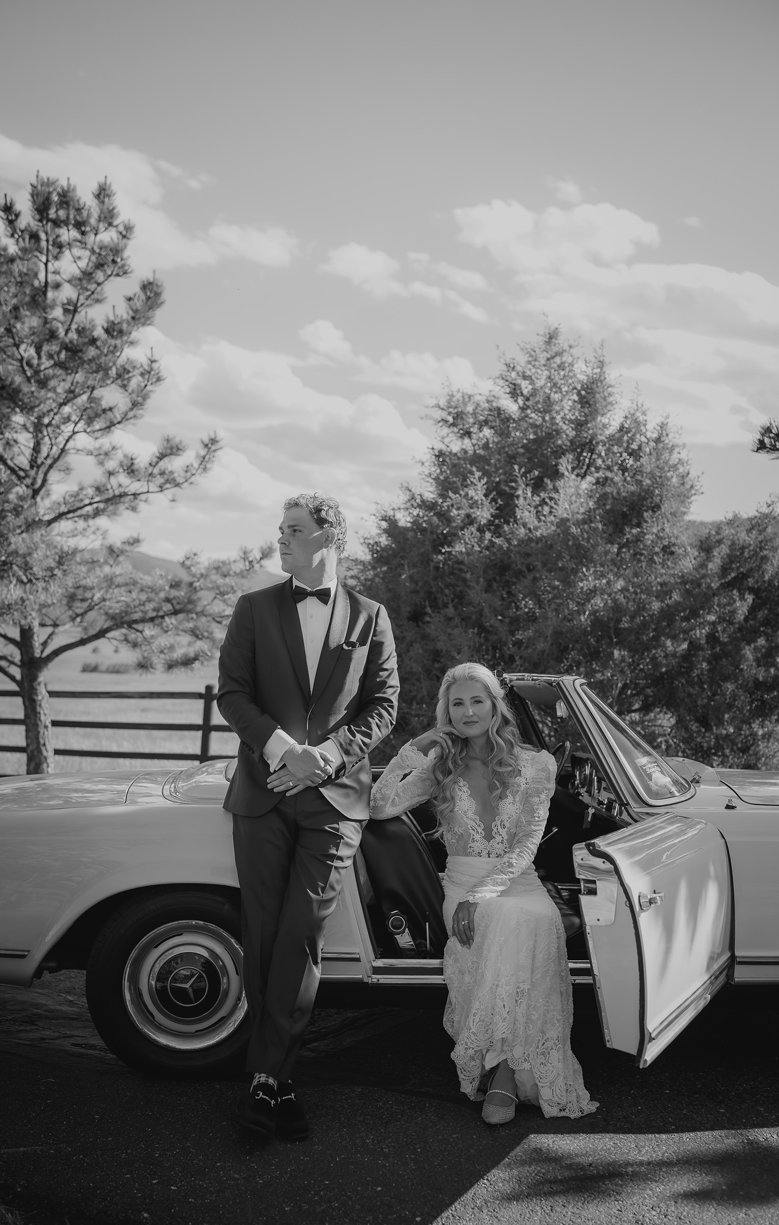 Summer Wedding Reception at Spruce Mountain Ranch in Larkspur, Colorado. Timeless Elegance & Vintage Mercedes Benz. 