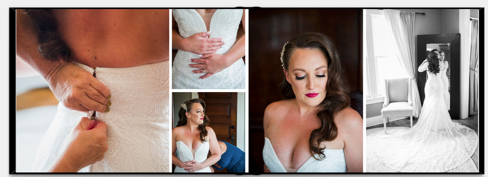 A preview of the inside spread of a wedding album featuring a bride getting ready on her wedding day.