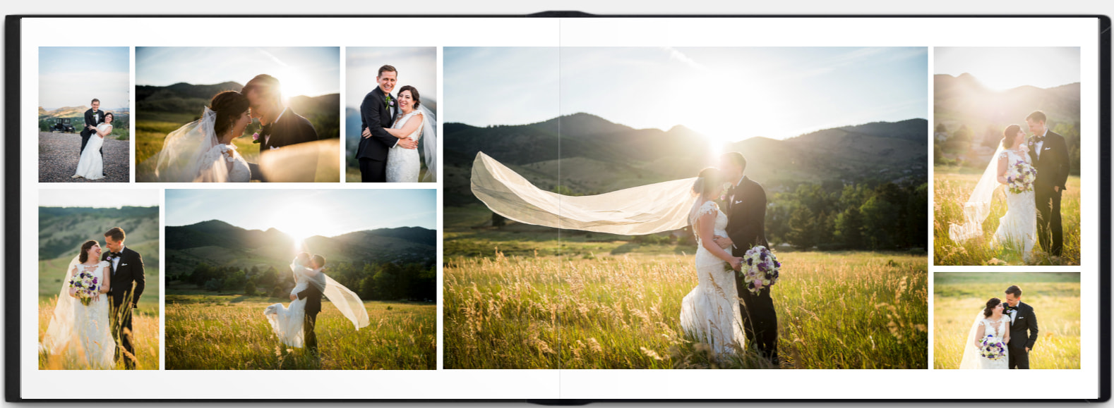 A preview of the inside spread of a wedding album featuring a bride and groom at golden hour.