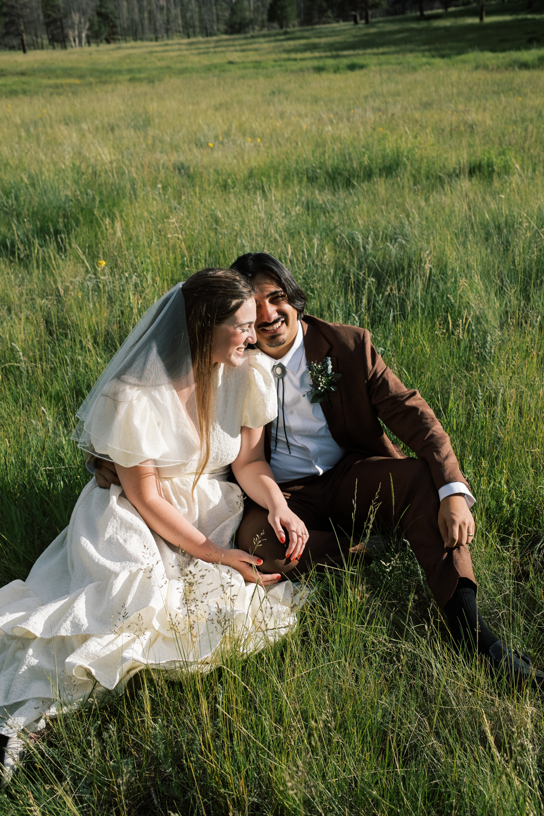 A couple who eloped in Rocky Mountain Park say their vows in an open field. 