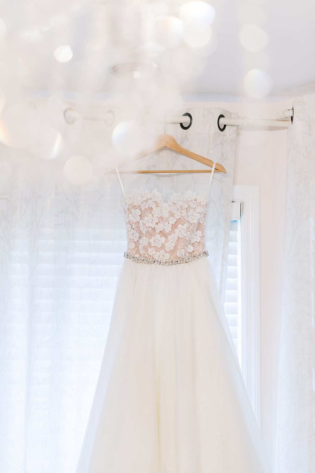 bride's dress in bridal suite at Hewitt Oaks property