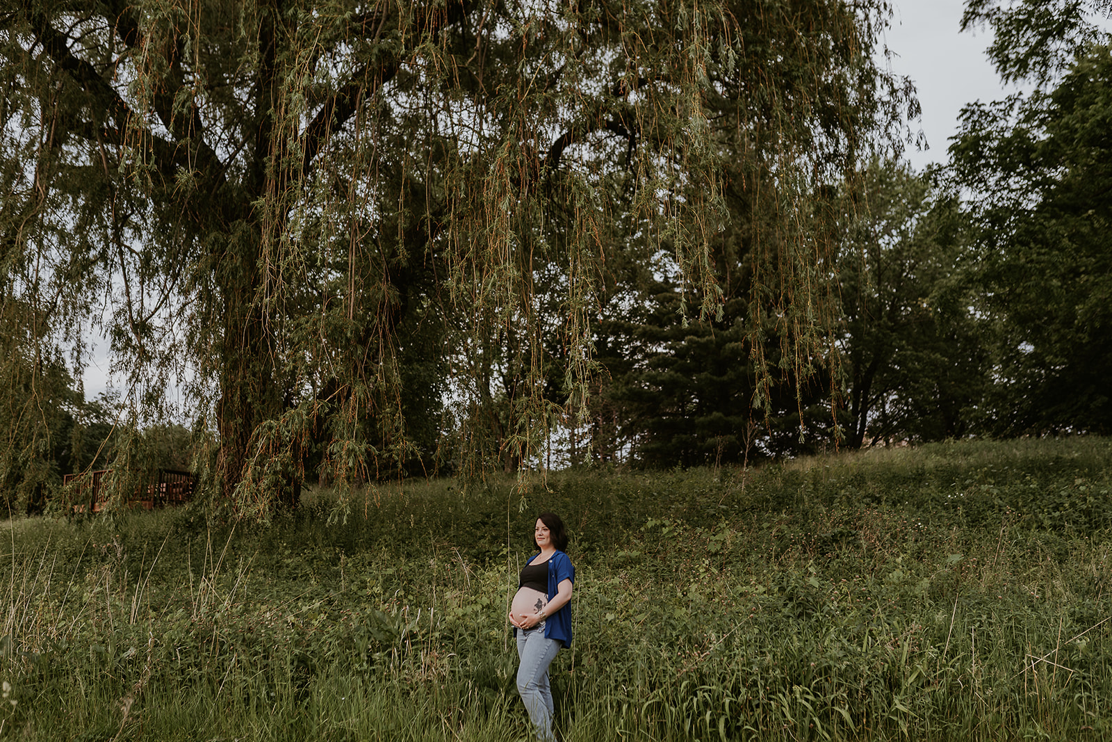 Pregnant woman in unbuttoned jeans standing under a large willow tree