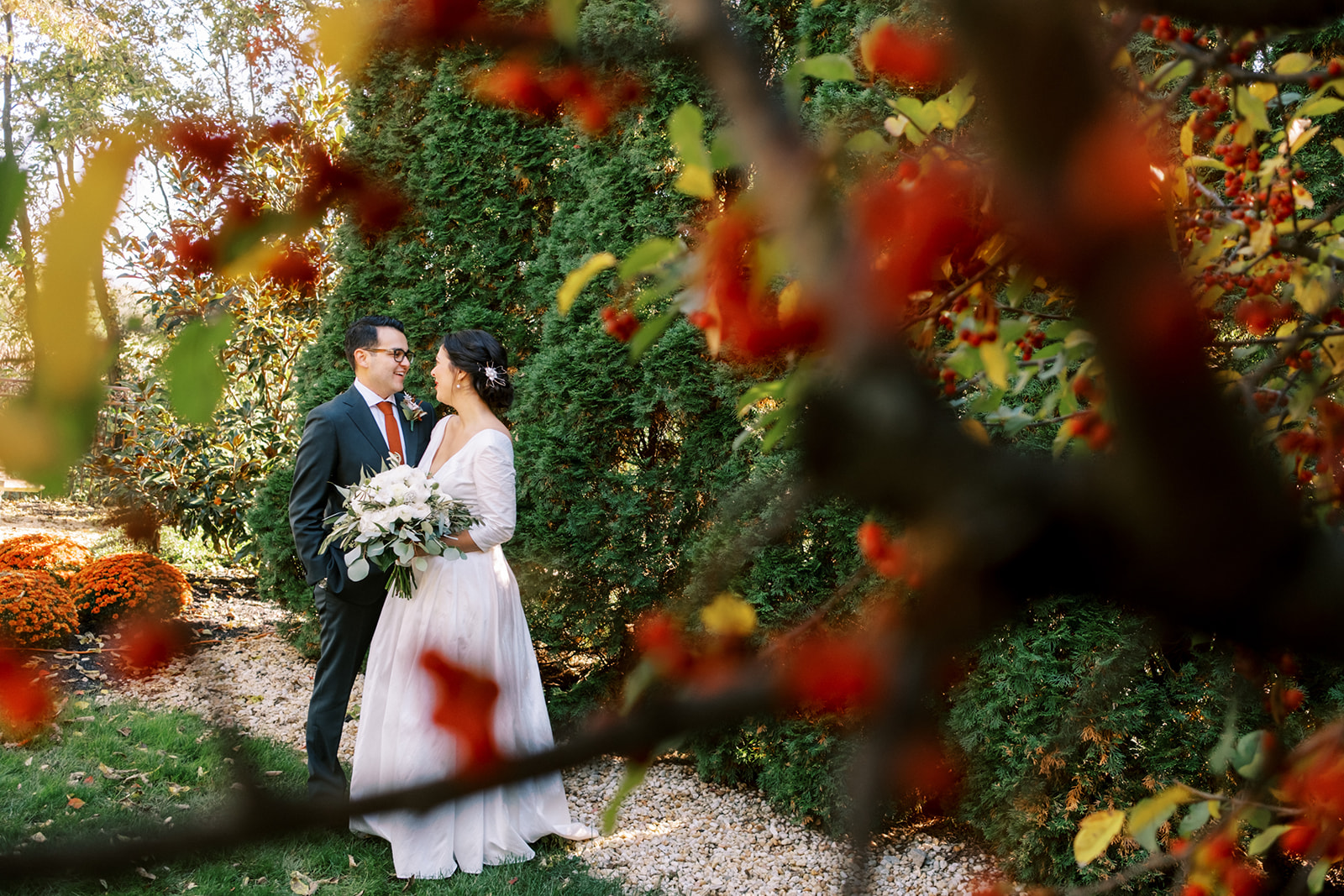Bride and groom first look in the garden of backyard wedding in Maryland private residence