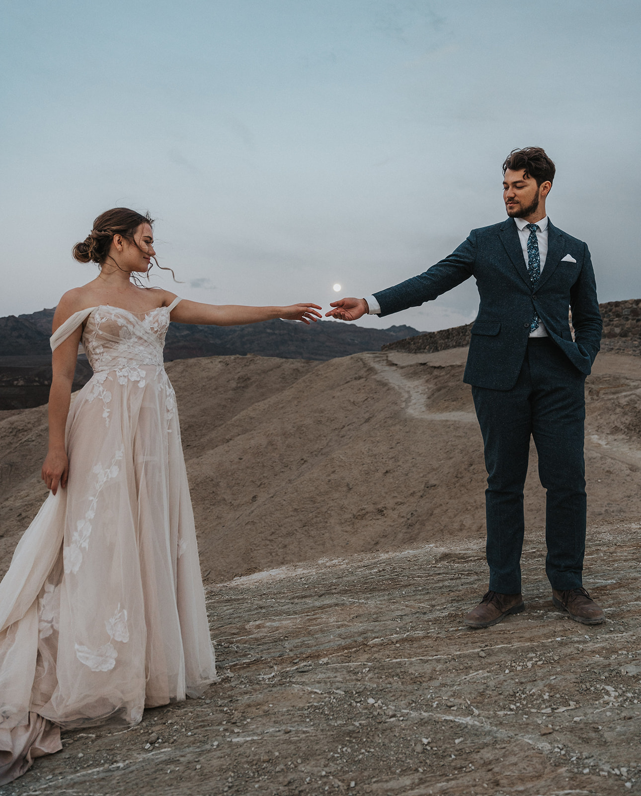 Death Valley Elopement blue hour photography with moon rising 