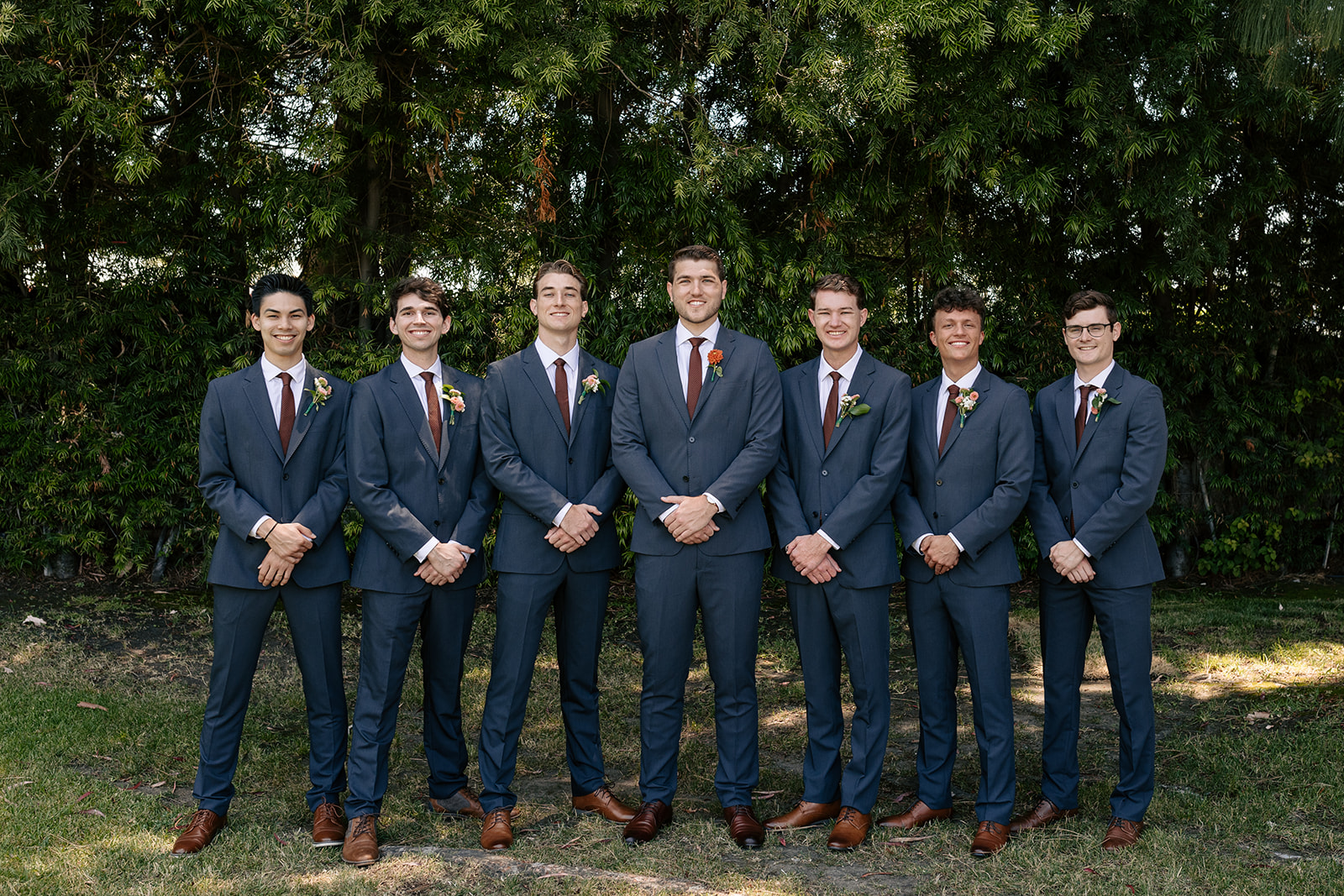 griffith house anaheim california socal orange county wedding groomsmen pictures navy blue suits groom red boutonnieres