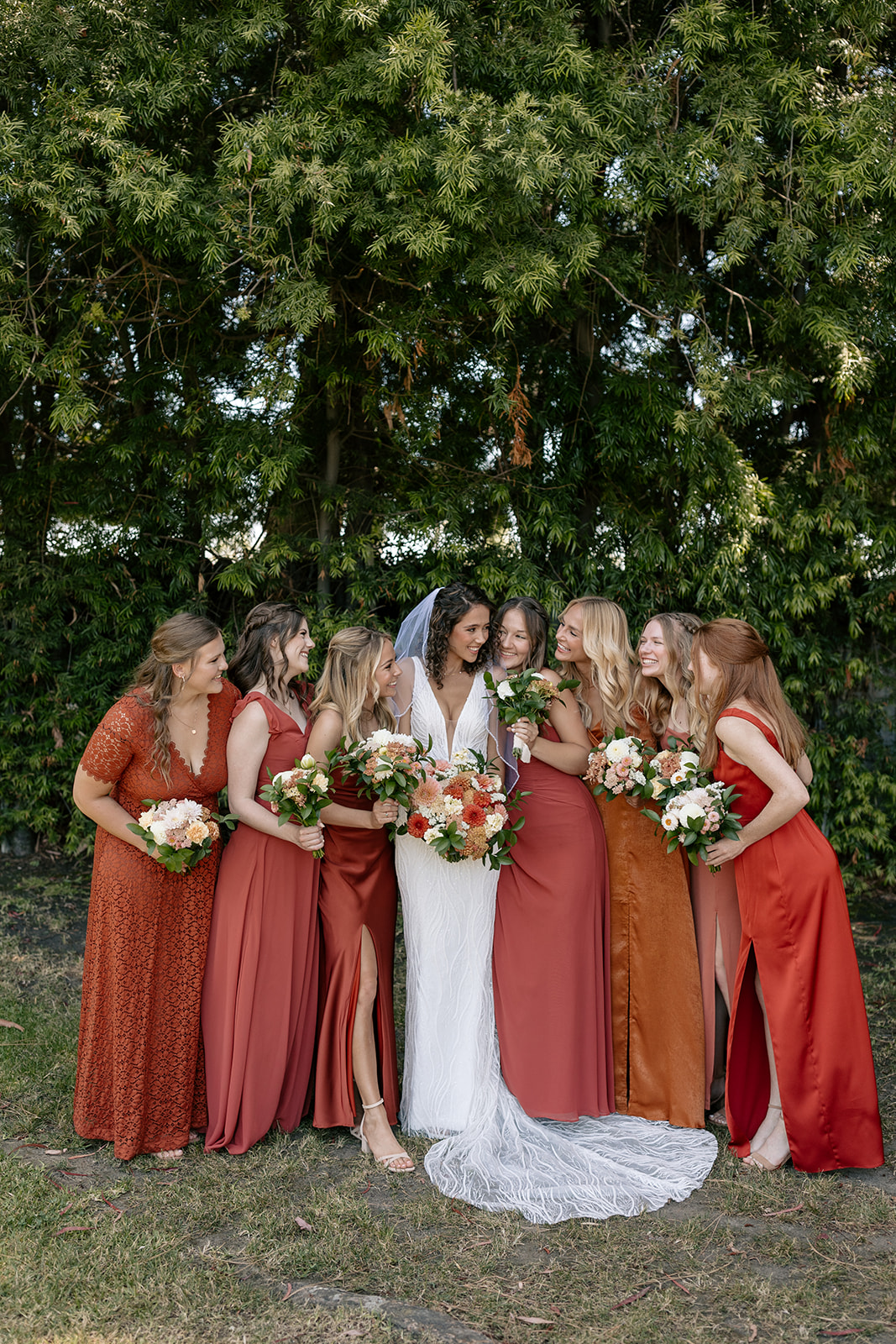 griffith house anaheim california socal orange county wedding bridesmaids pictures bridal portraits red mismatched dress