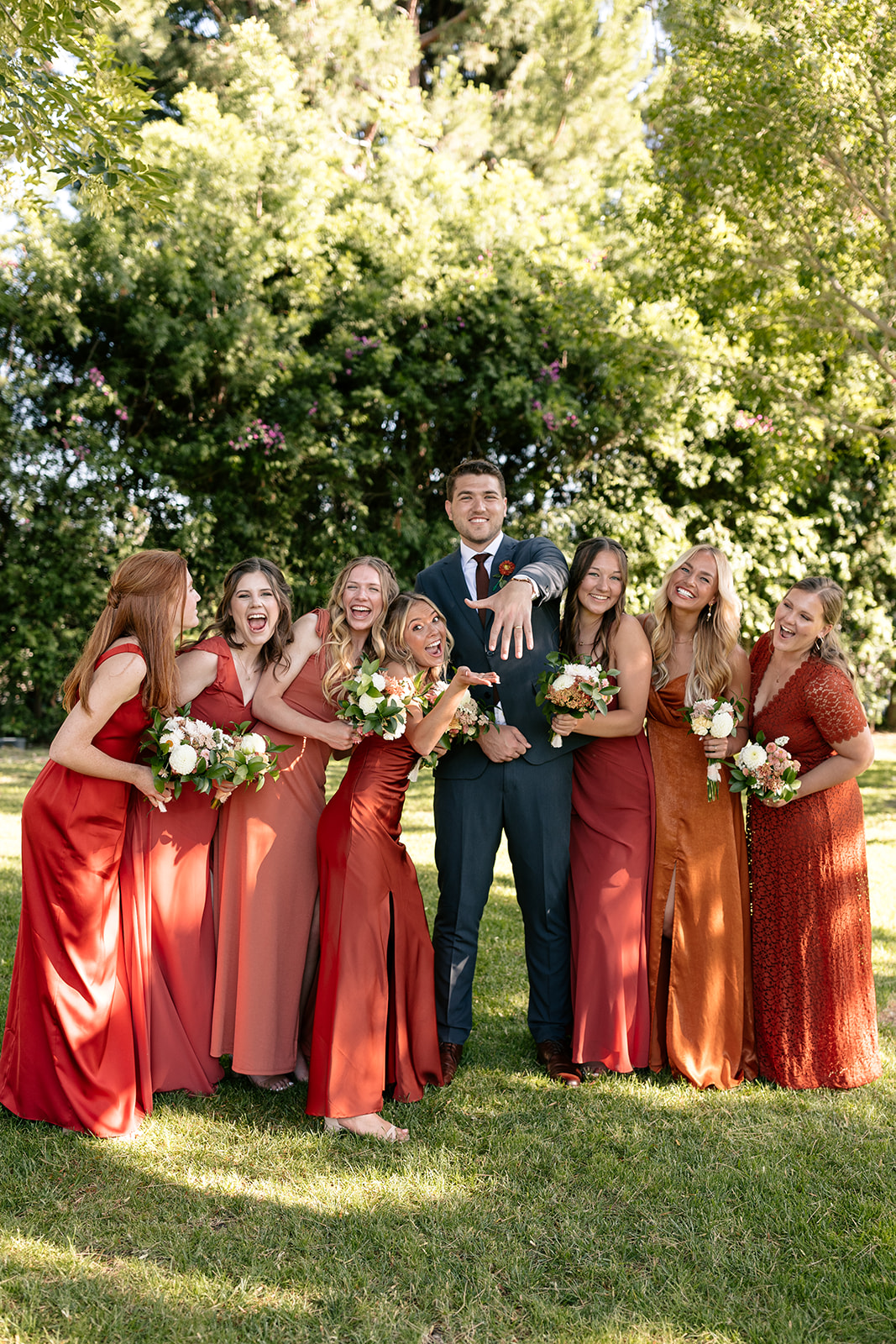 griffith house anaheim california socal orange county wedding bridesmaids pictures bridal portraits red mismatched dress
