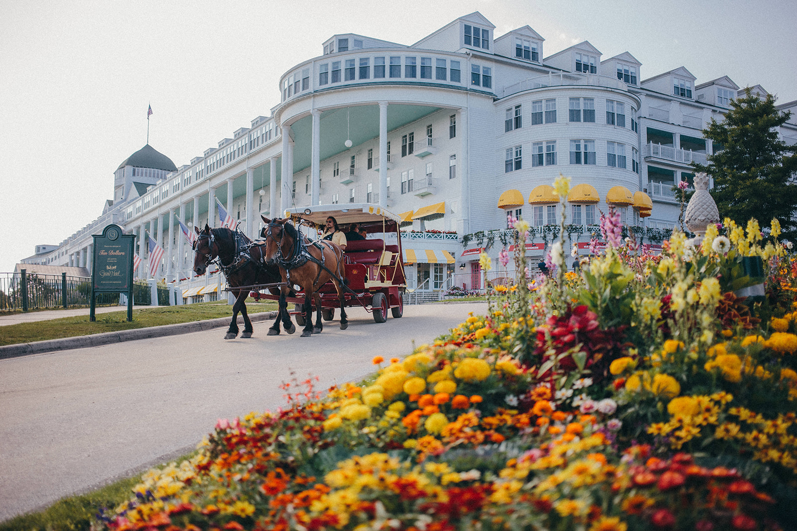 A horse drawn carriage on the no motorized vehicles island of Mackinac by the Grand Hotel 