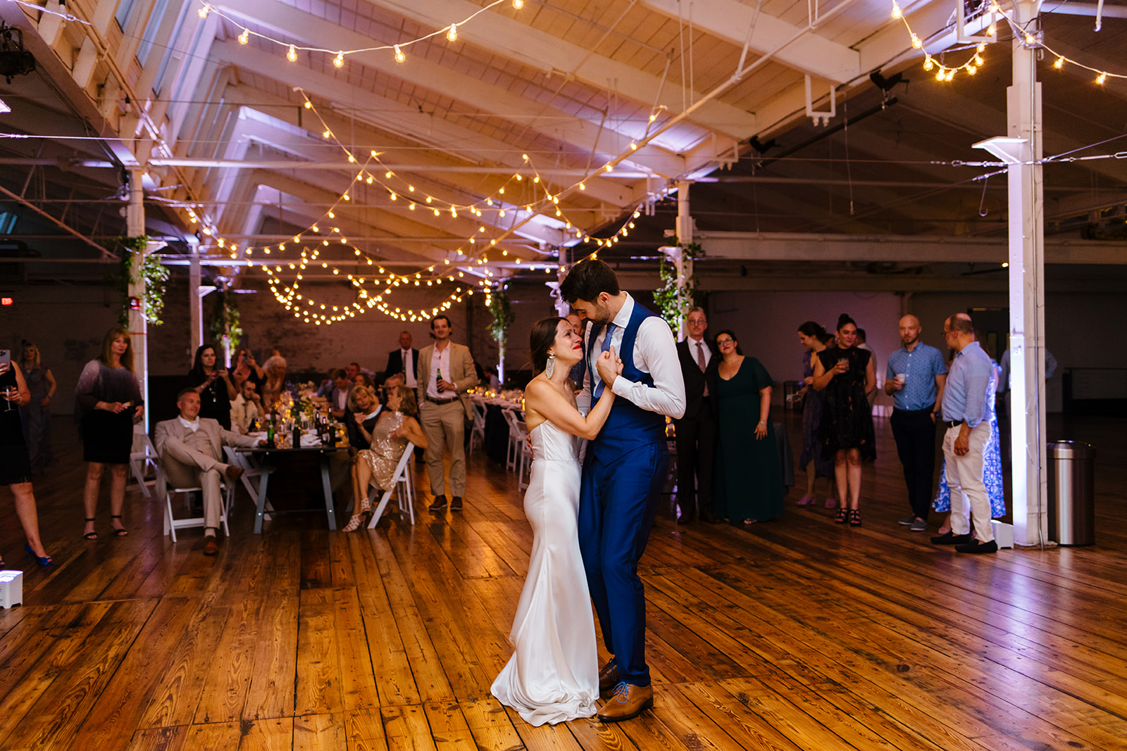 Bride and groom have a first dance during their Greylock Works wedding