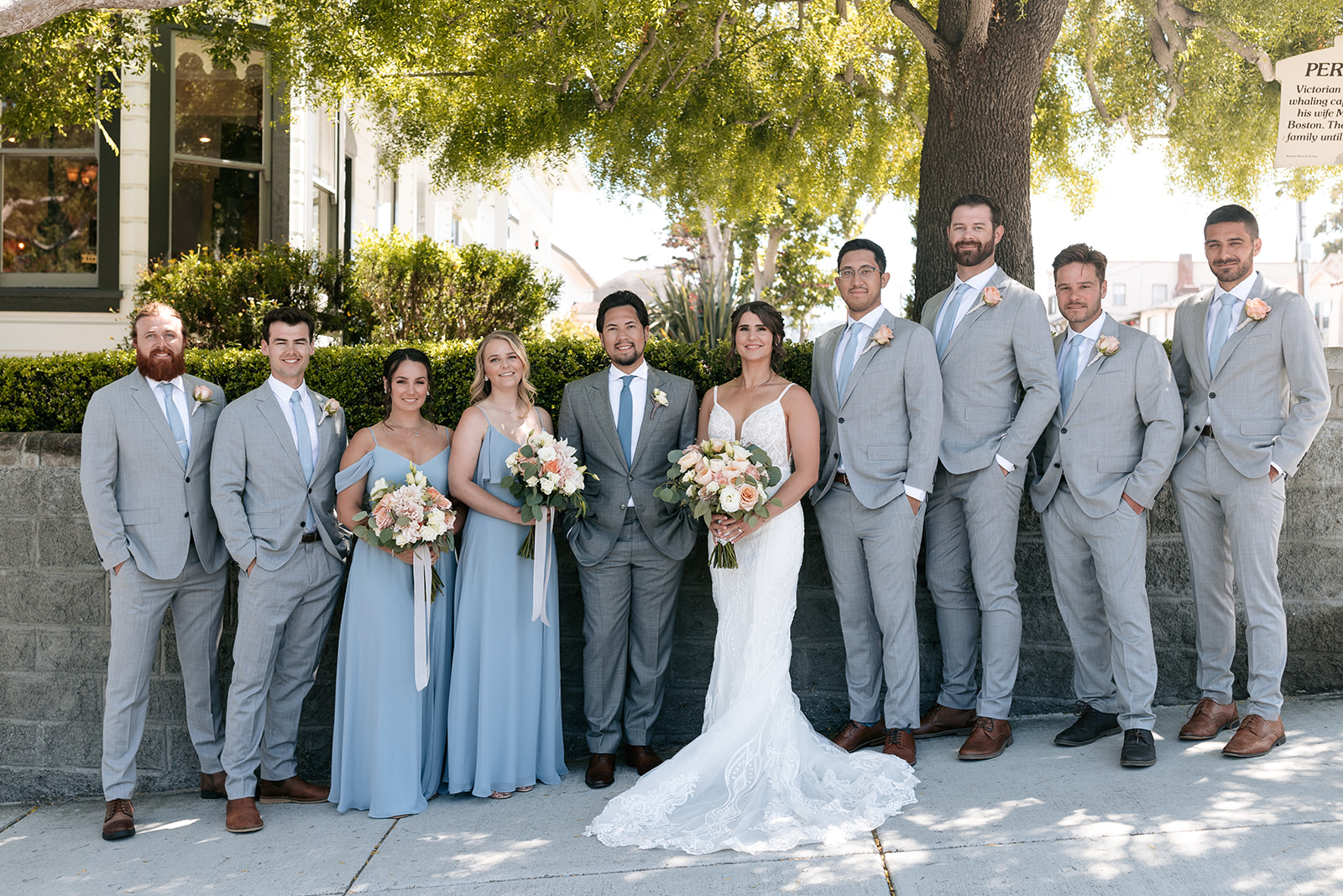 the perry house wedding monterey california bridal portraits family friends groomsmen bridesmaids blue dress sheath