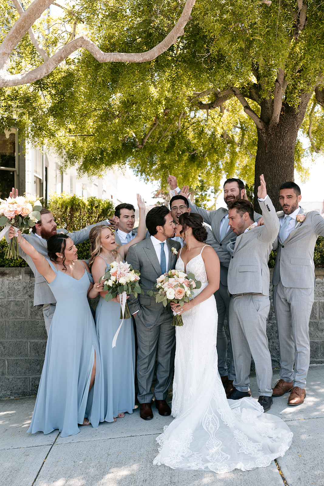 the perry house wedding monterey california bridal portraits family friends groomsmen bridesmaids blue dress sheath