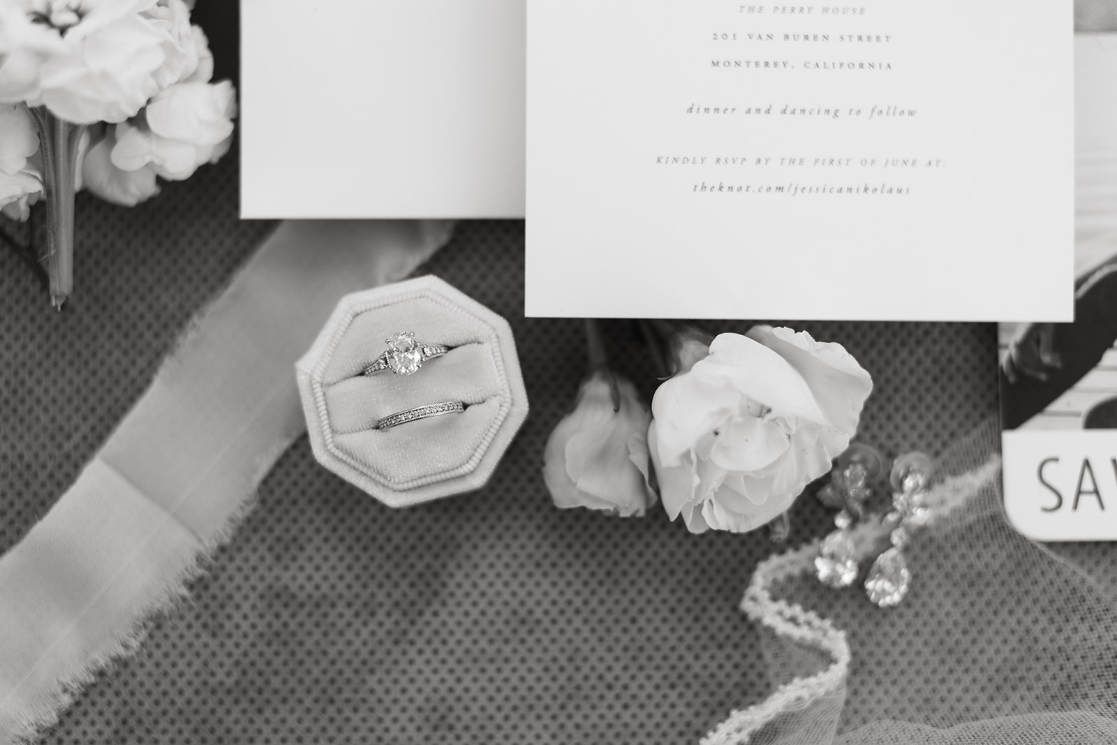 the perry house wedding monterey california wedding stationery details white flowers pink roses wedding jewelry b&w pics