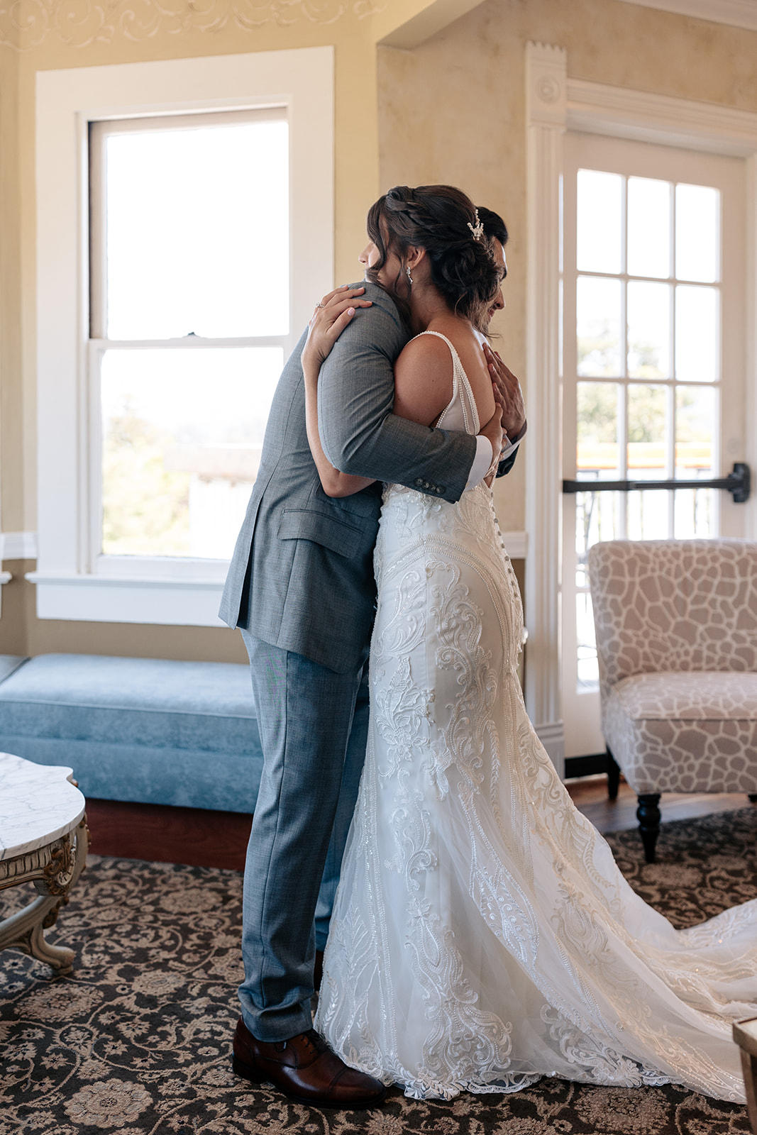 the perry house wedding monterey california elegant cute first look bride and groom pictures intimate emotional lace