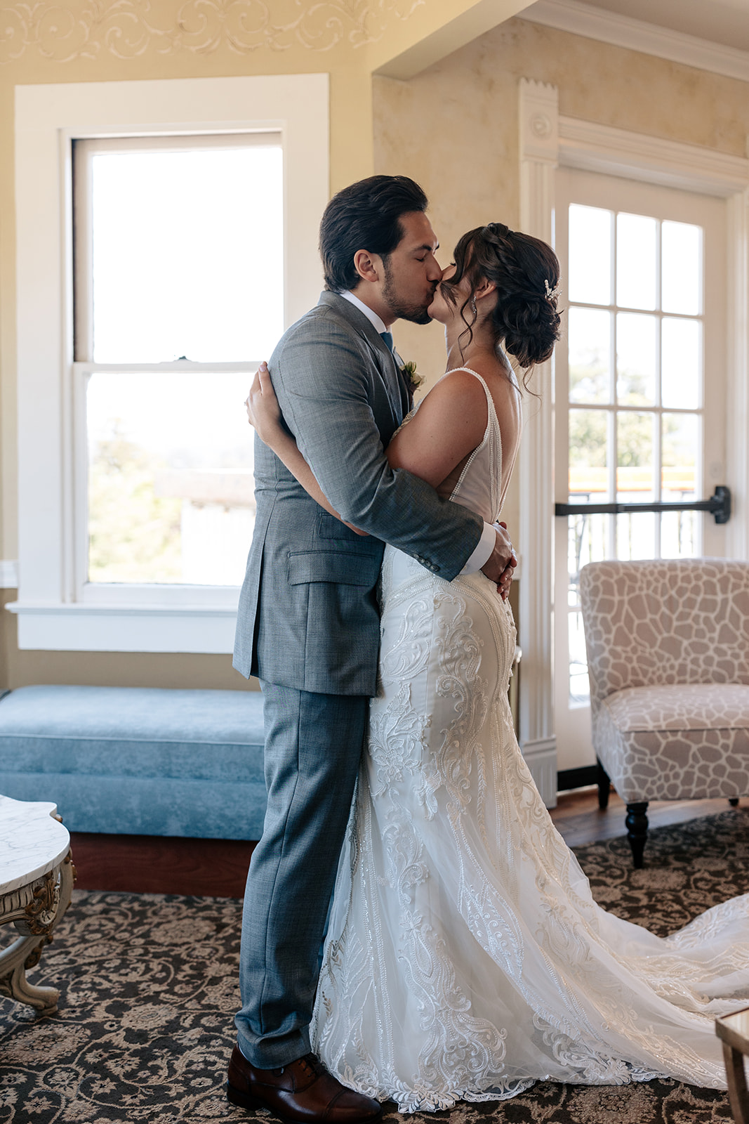 the perry house wedding monterey california elegant cute first look bride and groom pictures intimate emotional lace