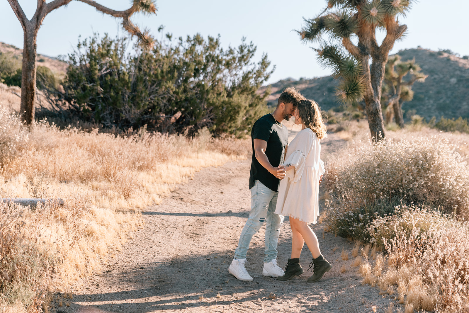 Joshua Tree National Park engagement session with cactus and mountains