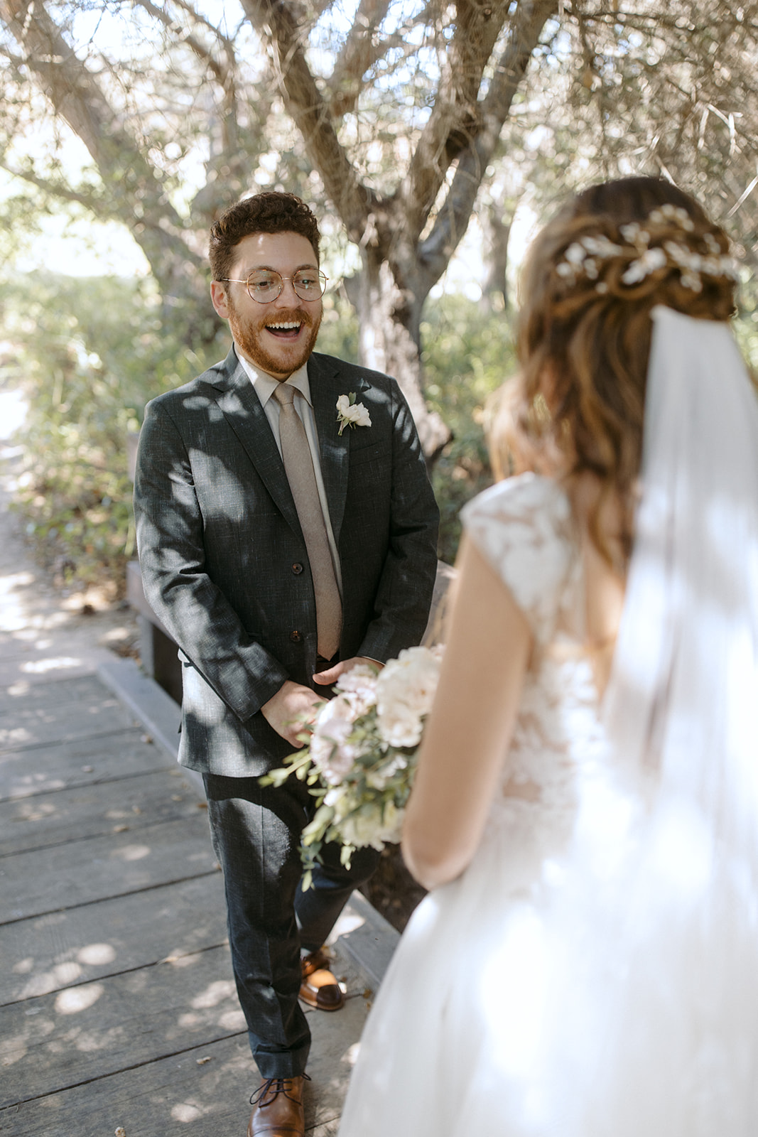 Bride has first look with groom at La Arboleda in California