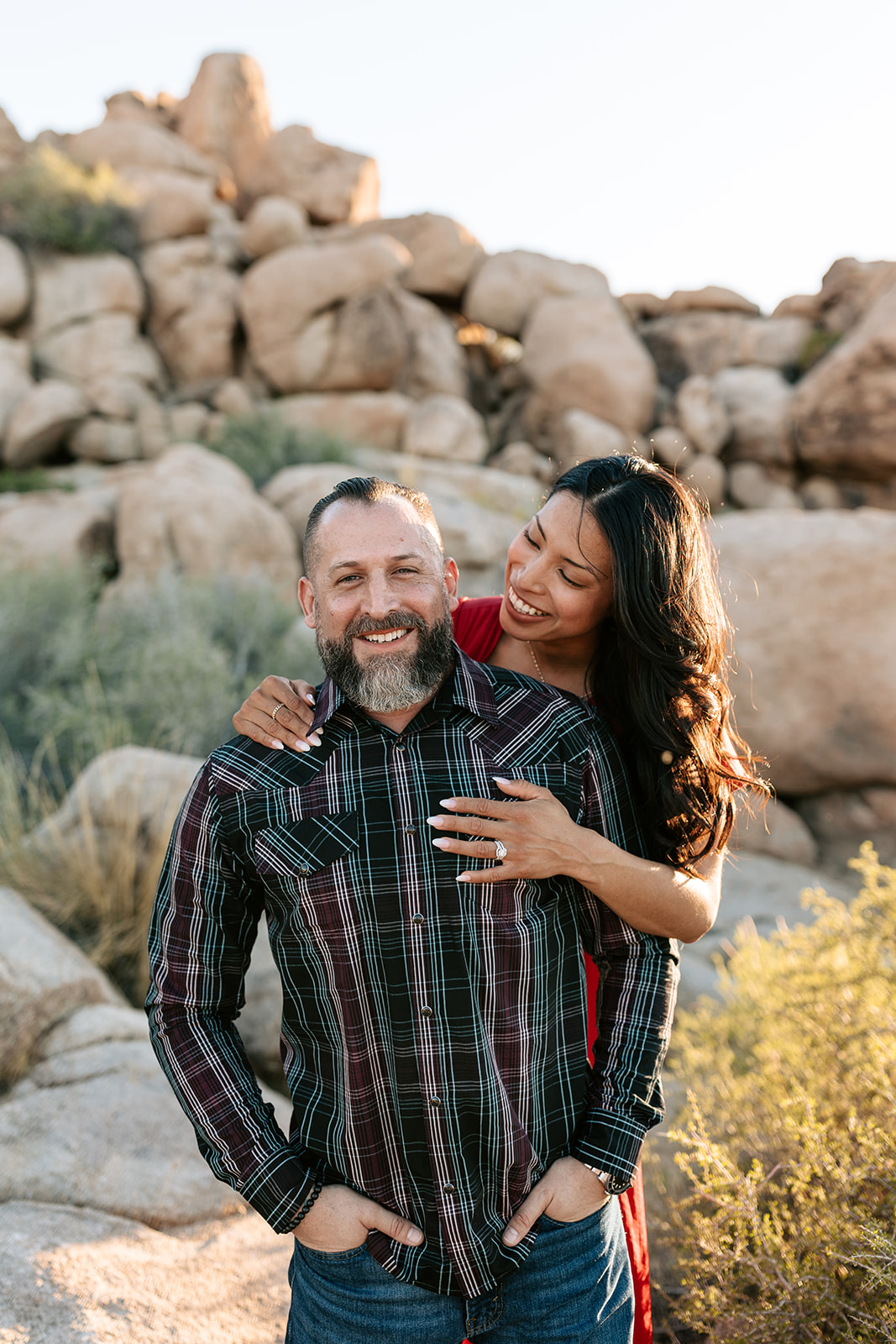sunset engagement session joshua tree national park california red dress engagement outfit button up engagement outfits