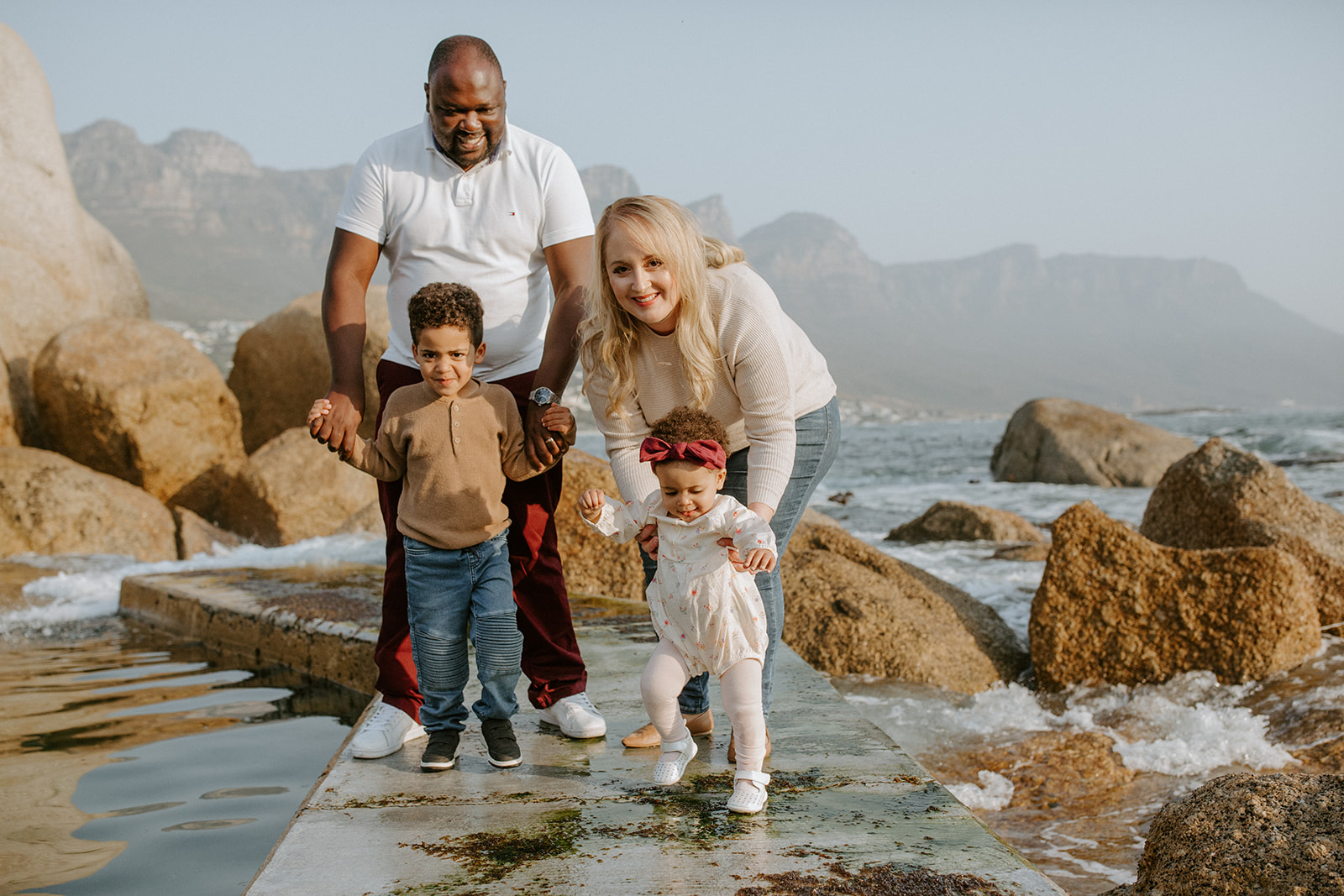 A family documented at Maiden's Cove during their first holiday to Cape Town as a family of four.