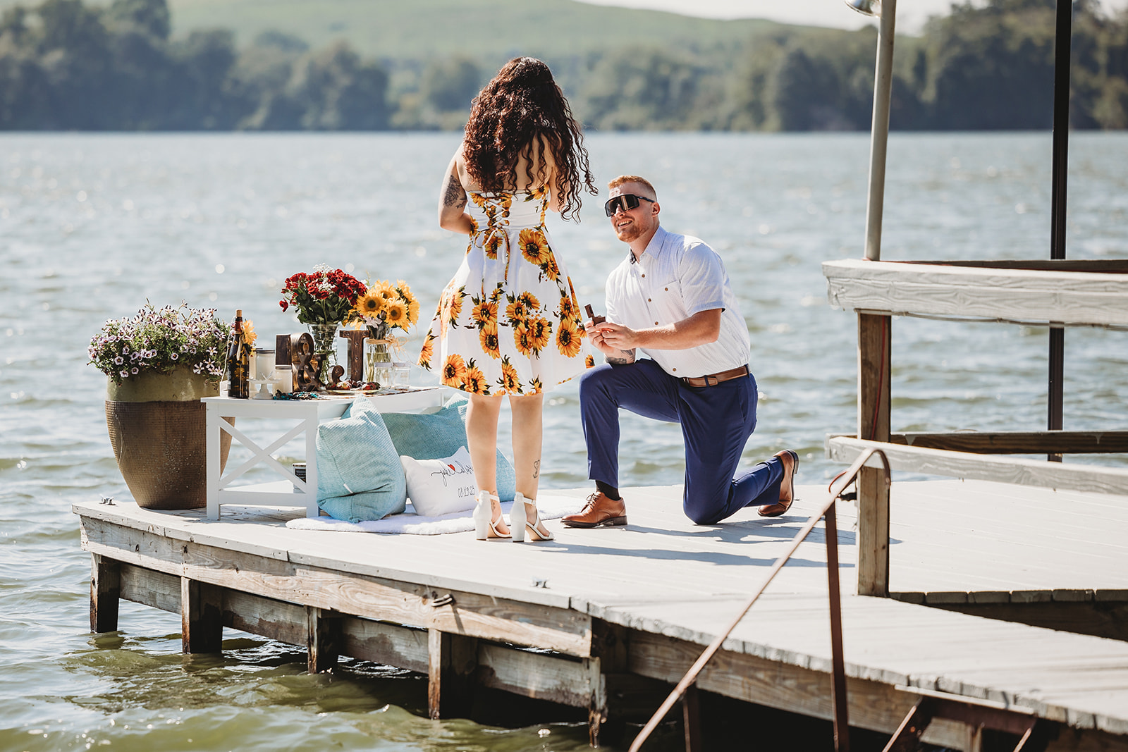summer outdoor proposal dock Delaware River Bucks County Pennsylvania engagement portrait photographer