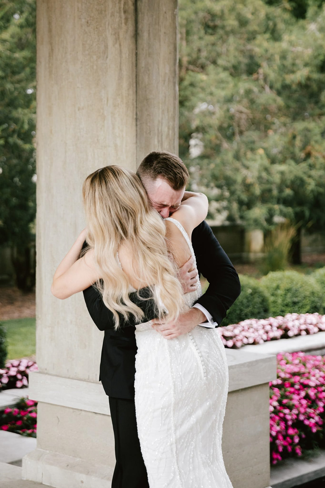 Bride and groom's heartfelt first look captured at Armour House, Lake Forest, sets the tone for a romantic wedding day.