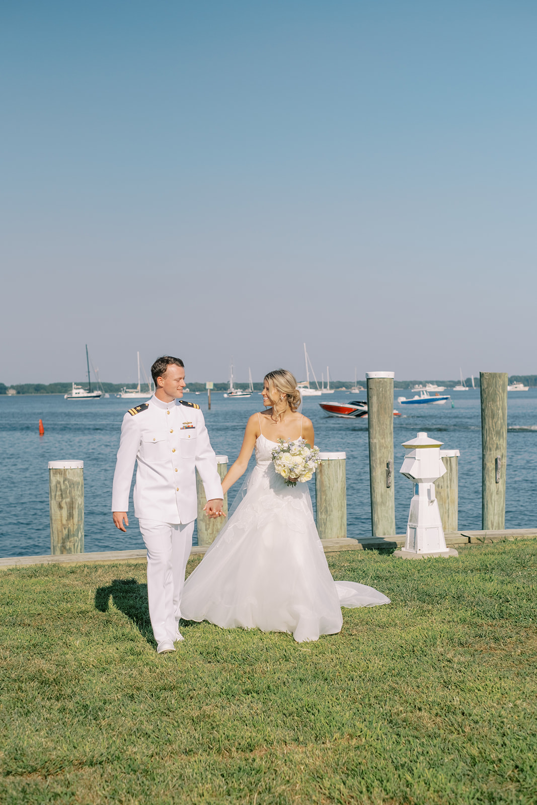wedding couple portrait with the water backdrop at saint michaels wedding