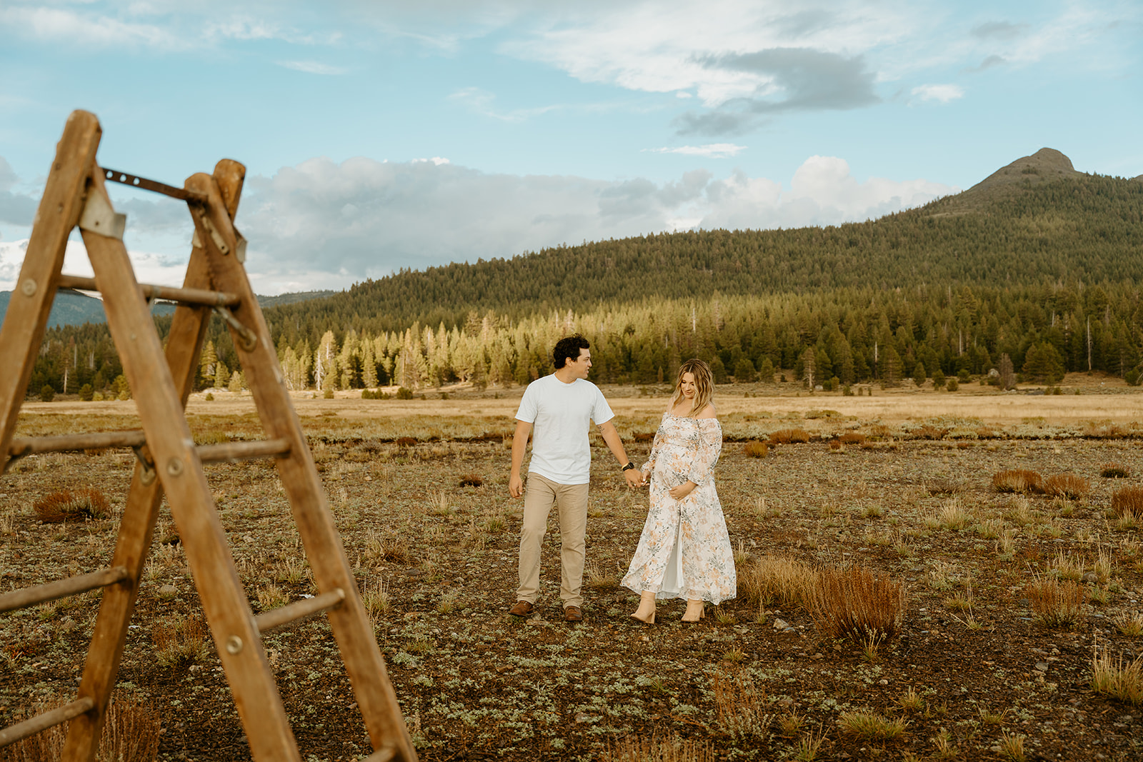 A couple posing with a wooden ladder for her maternity photos in hope valley. 