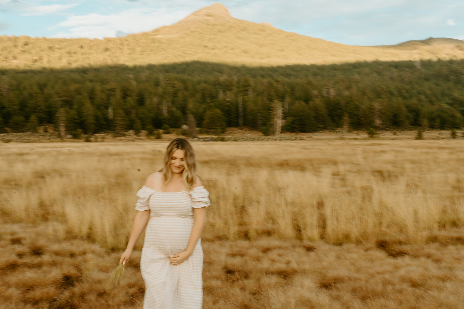 a mom holding flowers in a artistic blurred maternity photos taken in hope valley california.