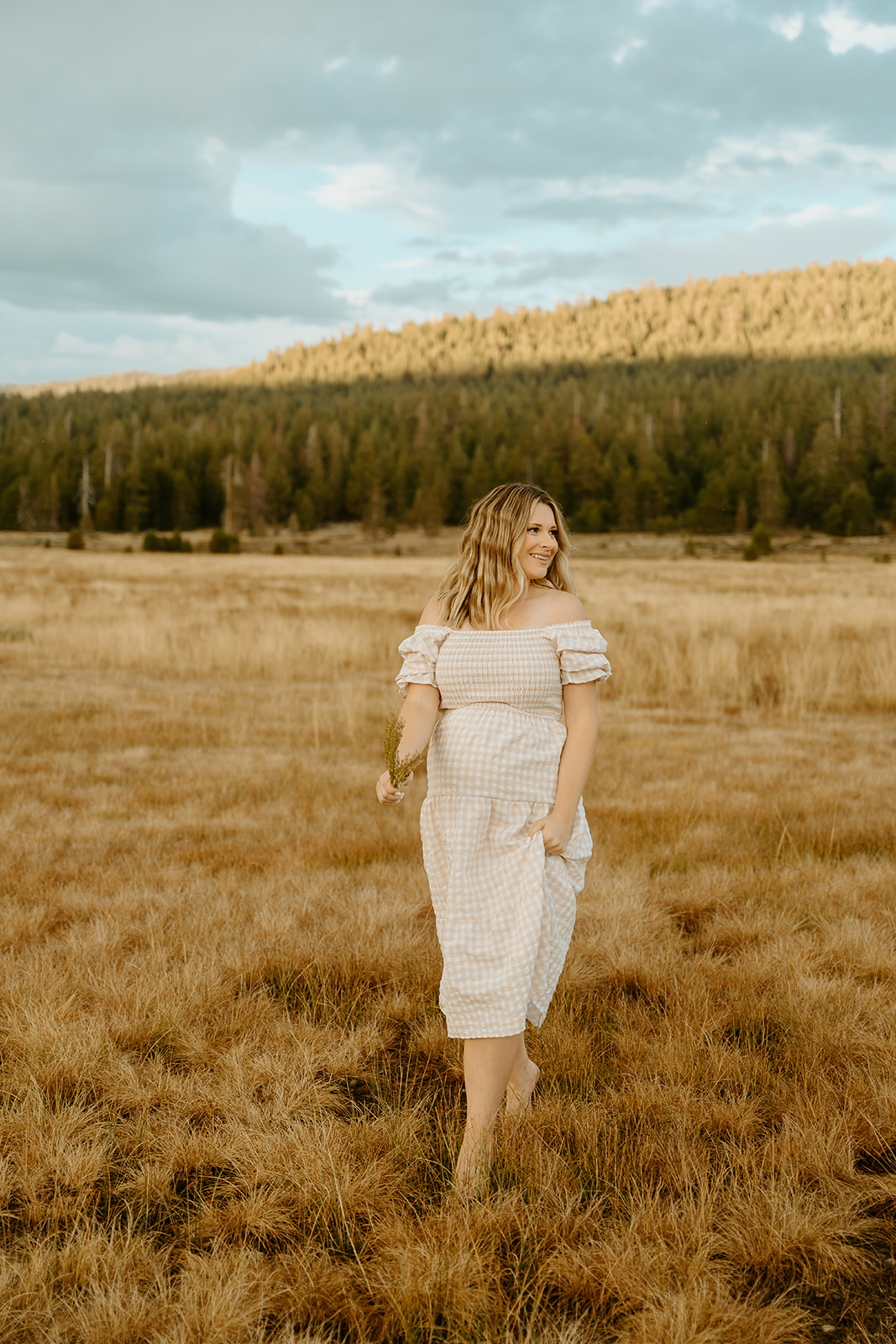 a mom holding flowers in a whimsical artistic blurred maternity photos taken in hope valley california.