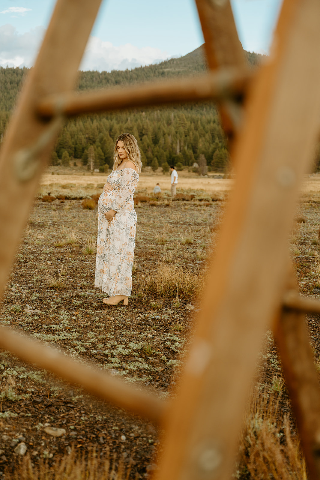 A mom posing with a wooden ladder for her maternity photos in hope valley. 