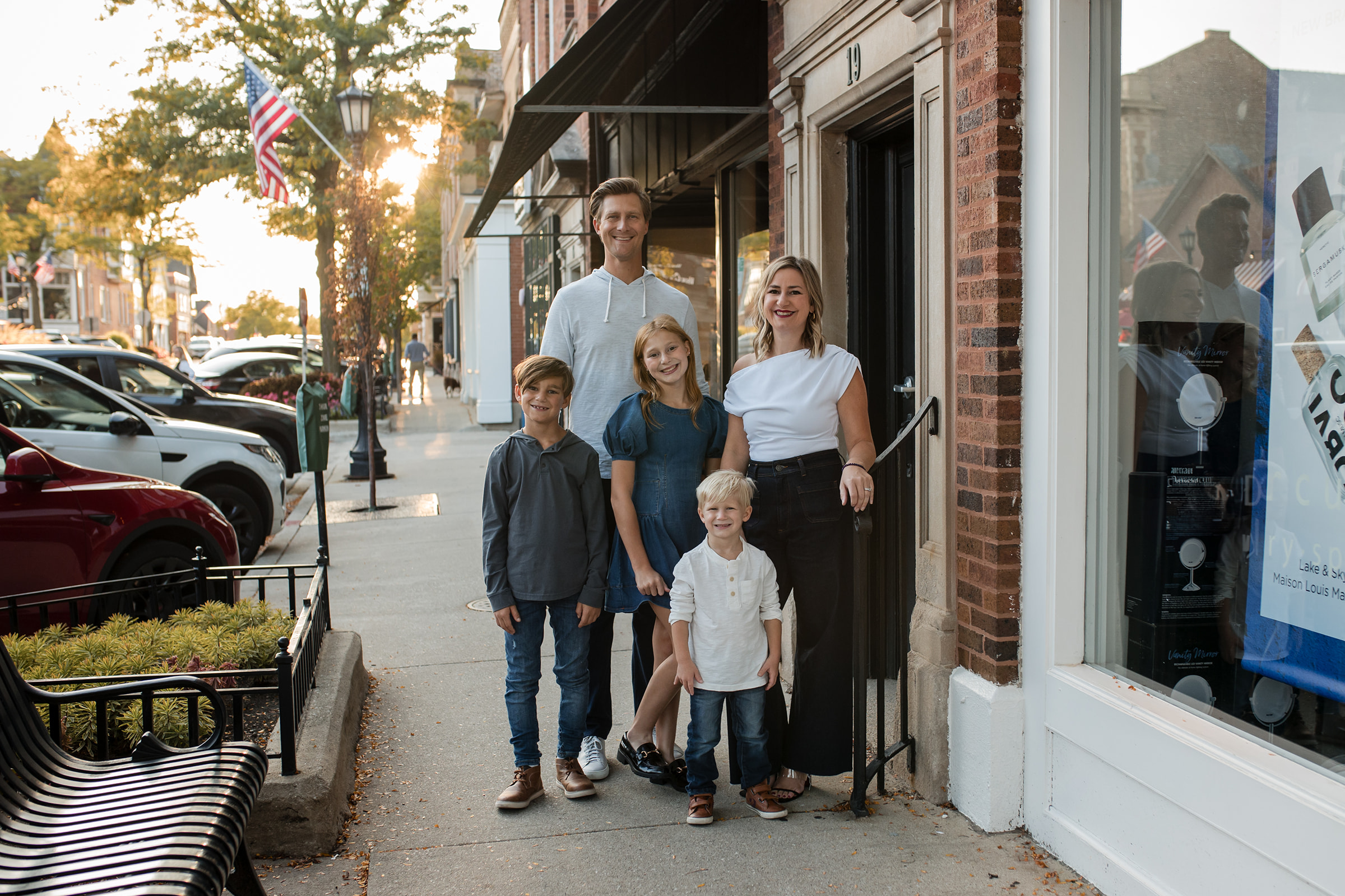 End of summer outdoor family session at sunset in downtown Hinsdale.