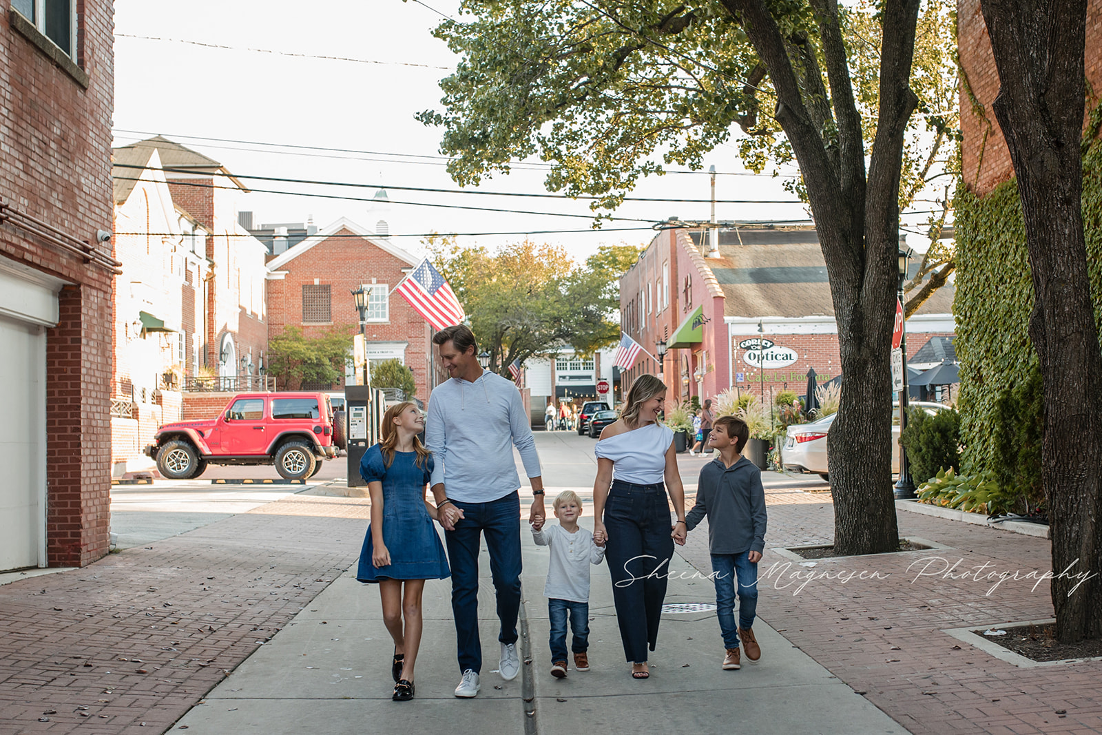 End of summer outdoor family session at sunset in downtown Hinsdale.