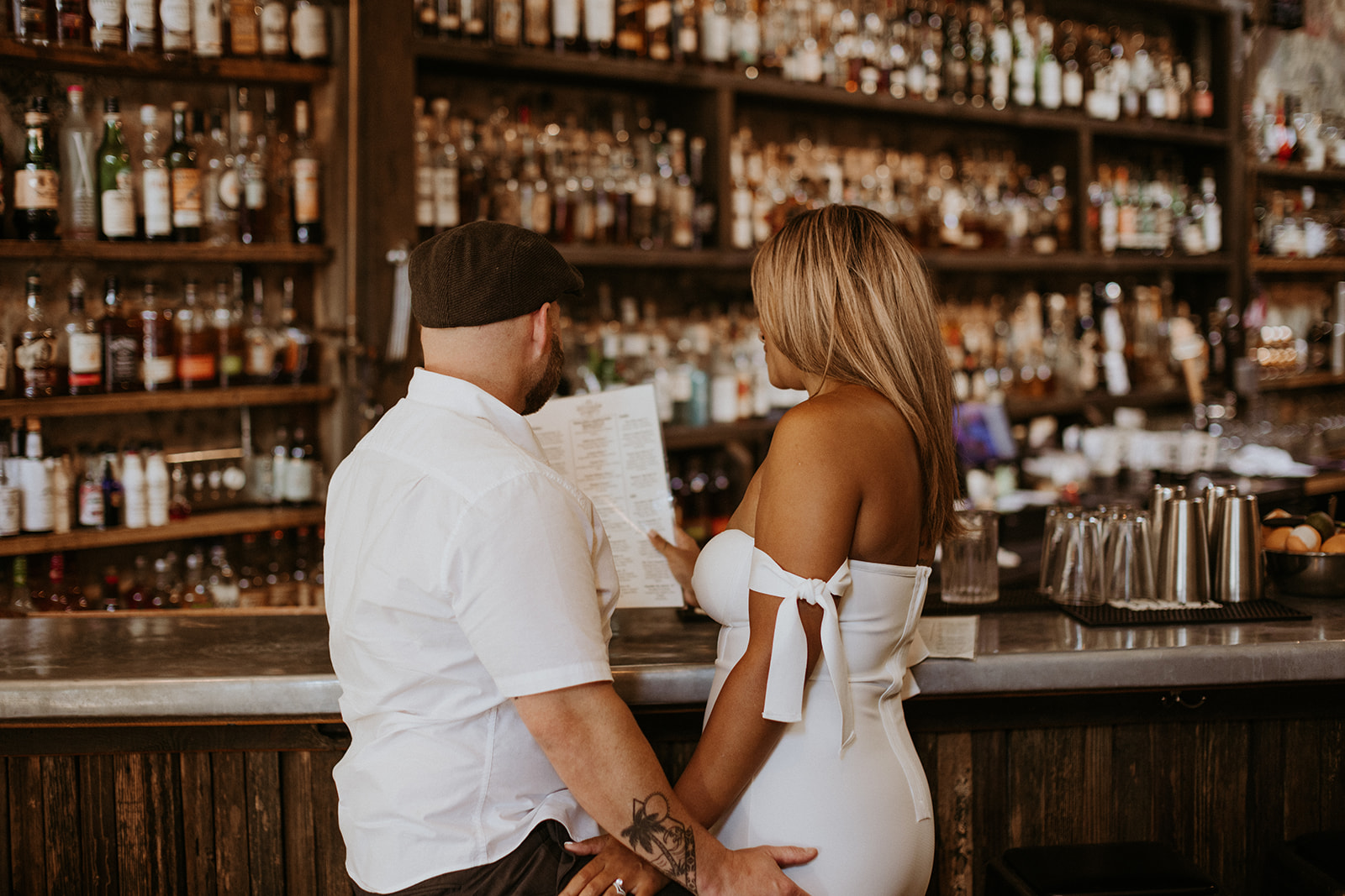 couple at their Romantic and cinematic speakeasy engagement session