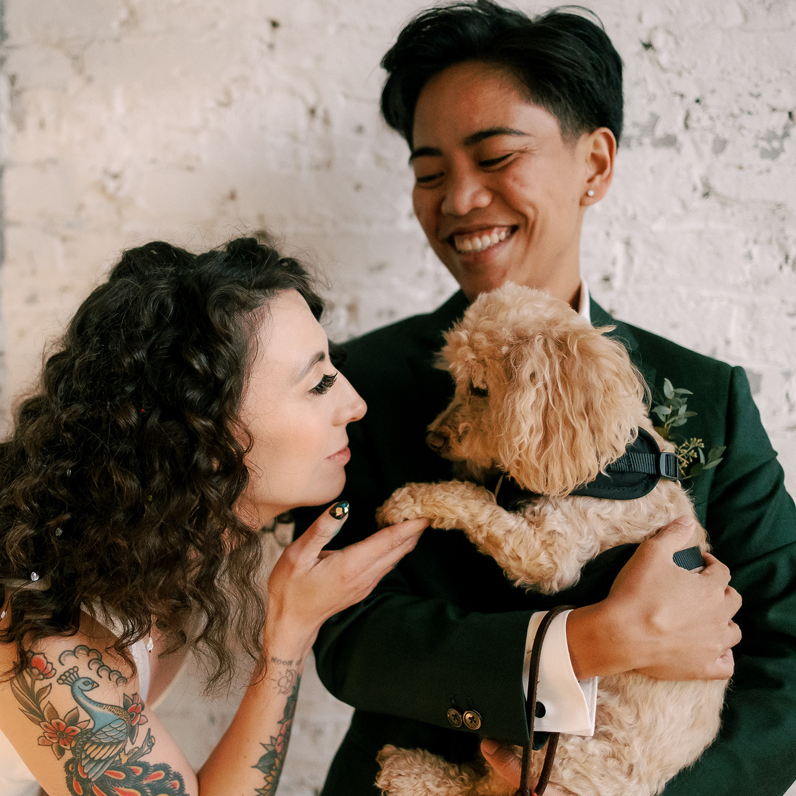 two brides cuddle with their dog during their portraits at the joinery in chicago
