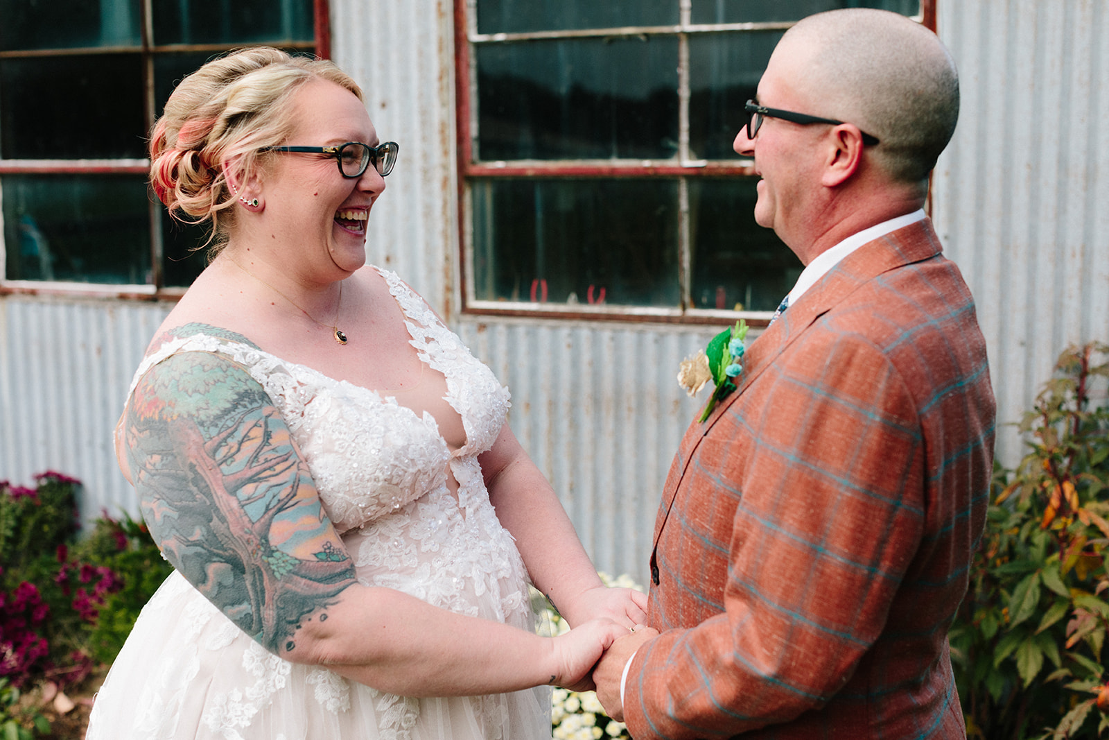 bride and groom see one another for the first time at Black Sheep Shelter