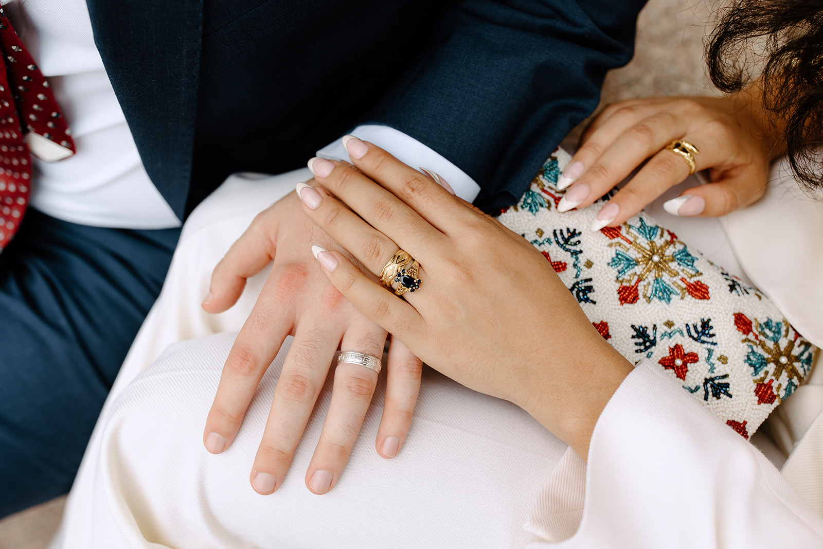 Bride and groom rings on hands