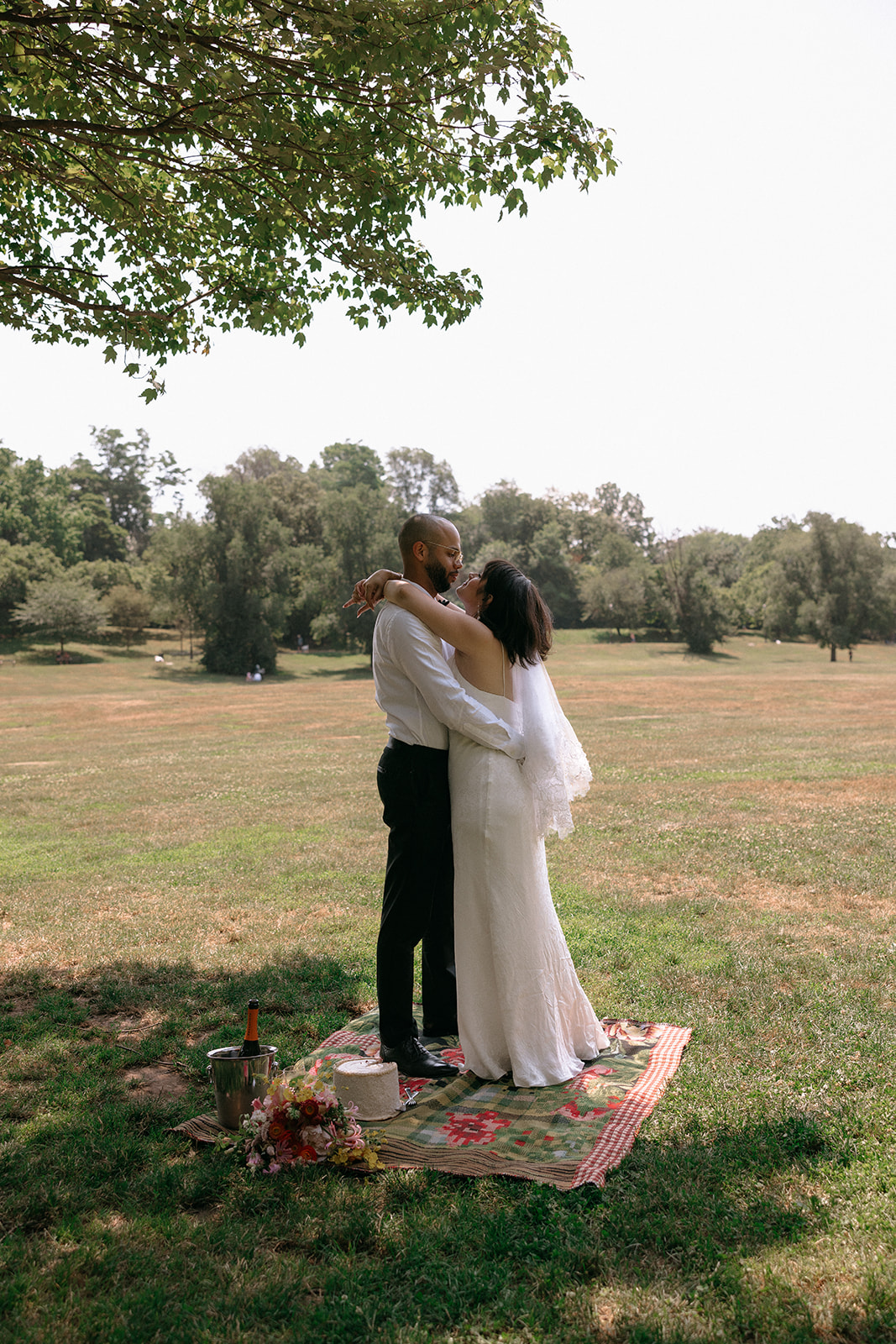 A couple eloping in Brooklyn had an intimate picnic and cake cutting at Prospect Park